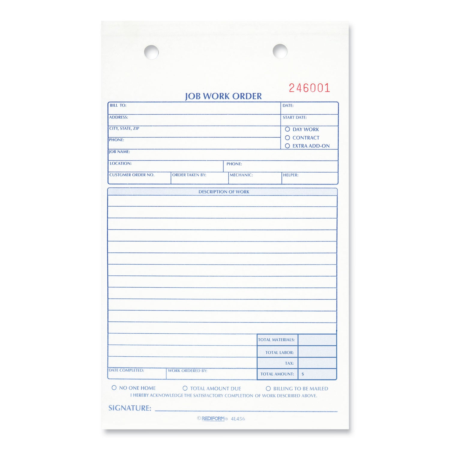 Job Work Order Book, Two-Part Carbonless, 5.5 x 8.5, 50 Forms Total -