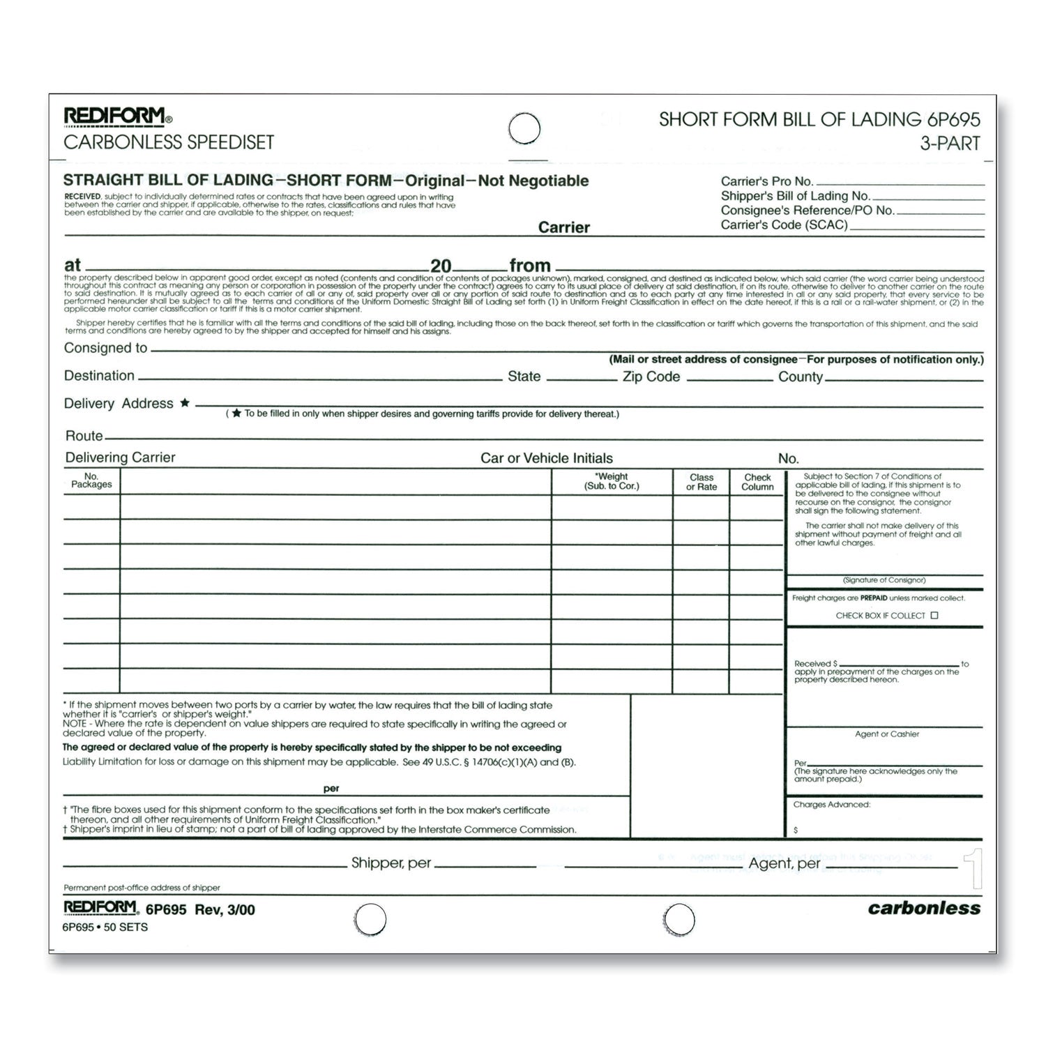 Speediset Bill of Lading, Short Form, Three-Part Carbonless, 7 x 8.5, 50 Forms Total -