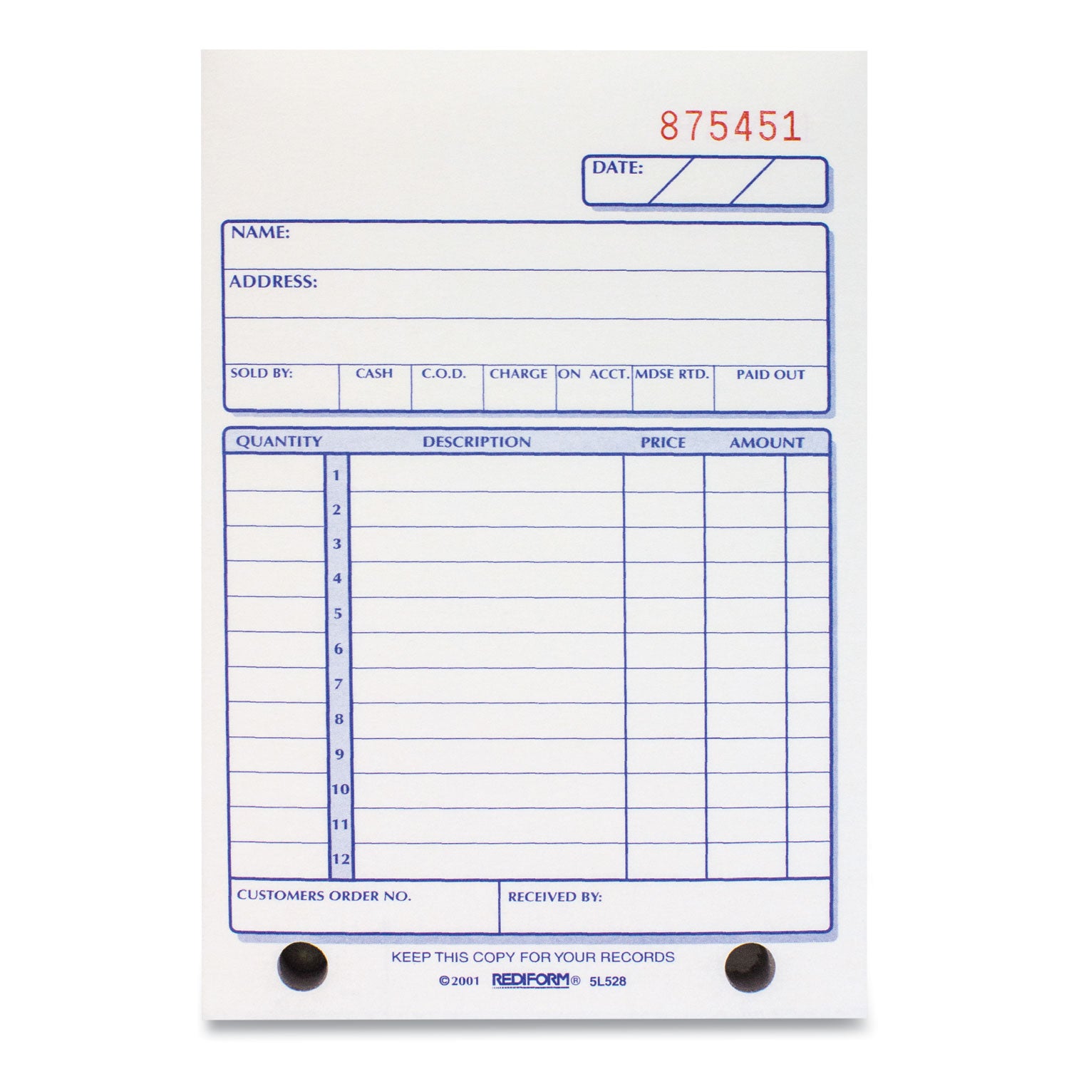 Sales Book, 12 Lines, Three-Part Carbonless, 4.25 x 6.38, 50 Forms Total -