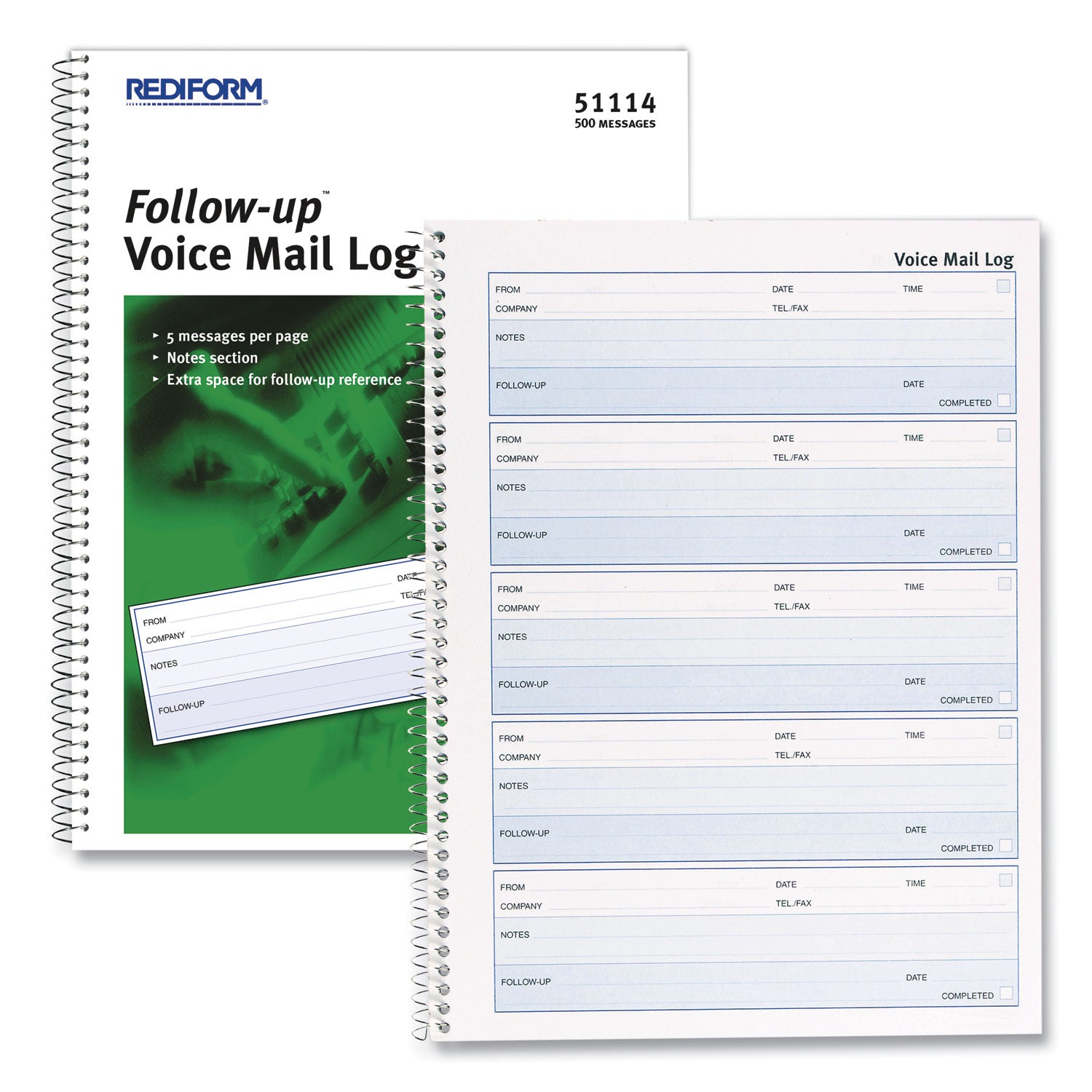 Follow-up Wirebound Voice Mail Log Book, One-Part (No Copies), 7.5 x 2, 5 Forms/Sheet, 500 Forms Total -
