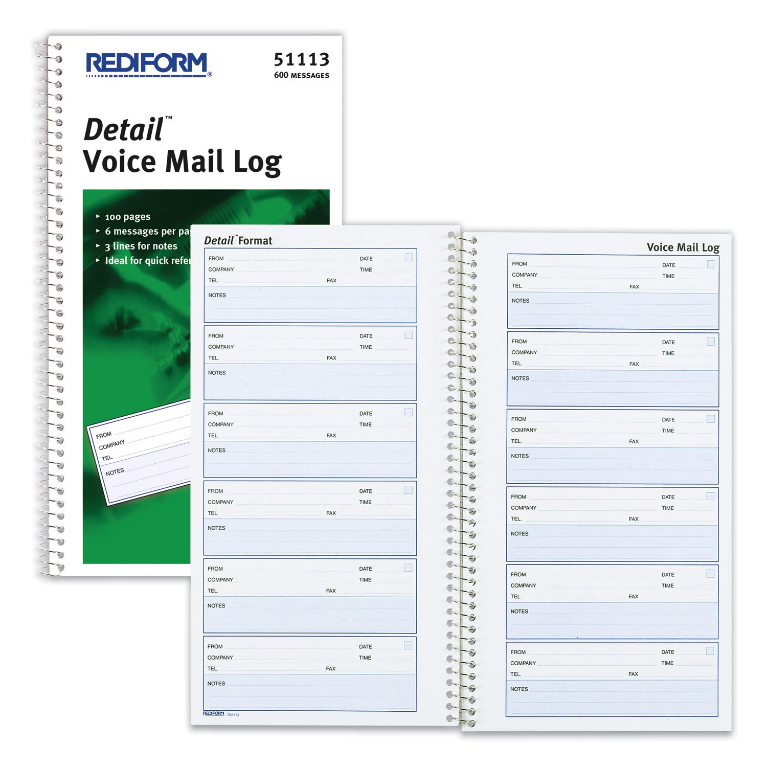 Detail Wirebound Voice Mail Log Book, One-Part (No Copies), 5 x 1.63, 6 Forms/Sheet, 600 Forms Total -