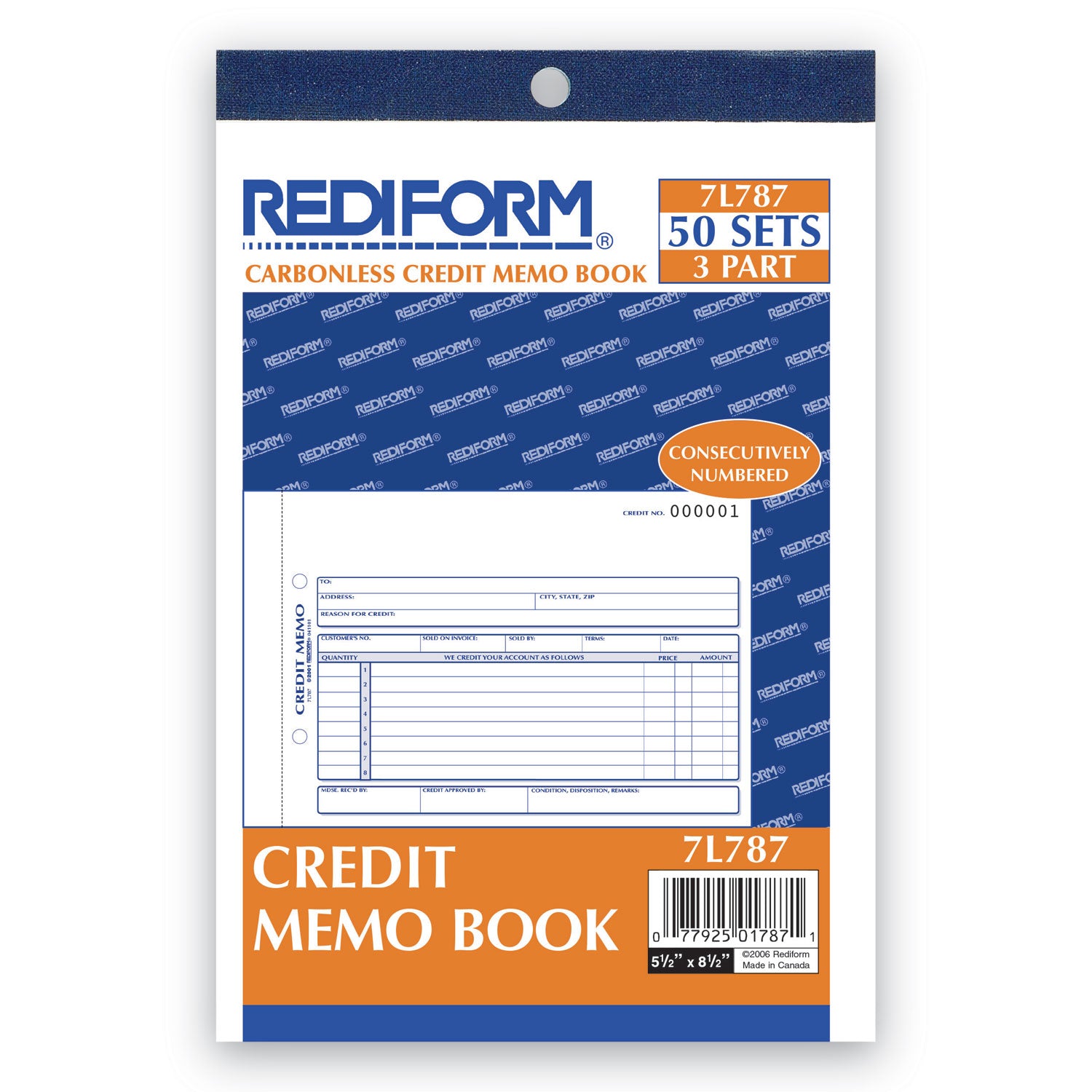 Credit Memo Book, Three-Part Carbonless, 5.5 x 7.88, 50 Forms Total -