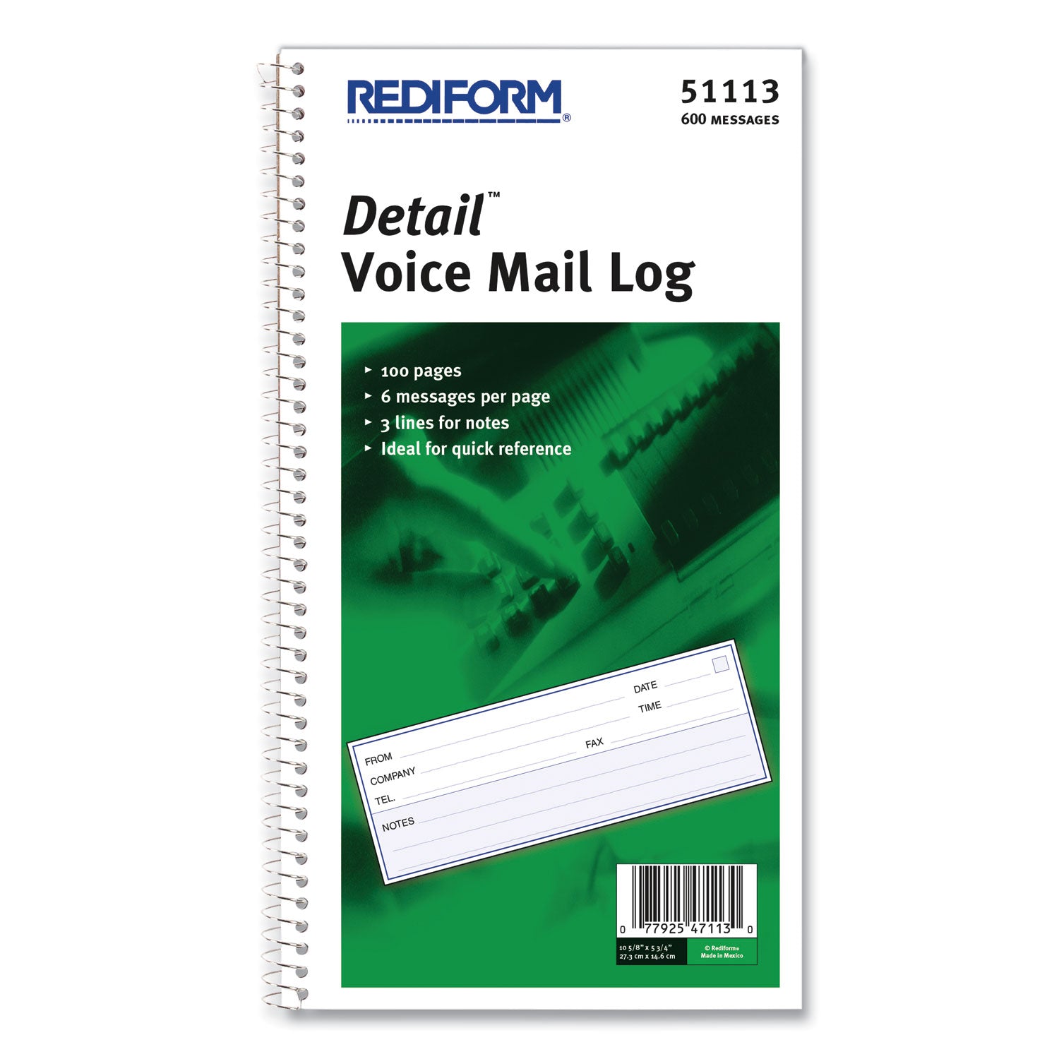 Detail Wirebound Voice Mail Log Book, One-Part (No Copies), 5 x 1.63, 6 Forms/Sheet, 600 Forms Total -