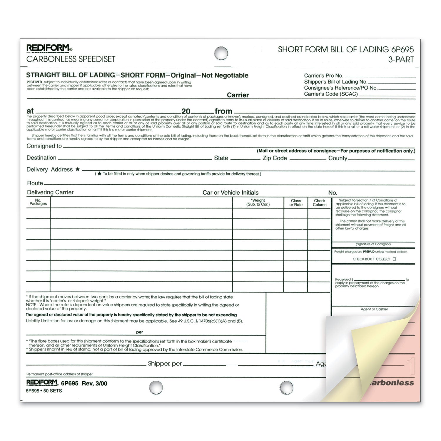 Speediset Bill of Lading, Short Form, Three-Part Carbonless, 7 x 8.5, 50 Forms Total -