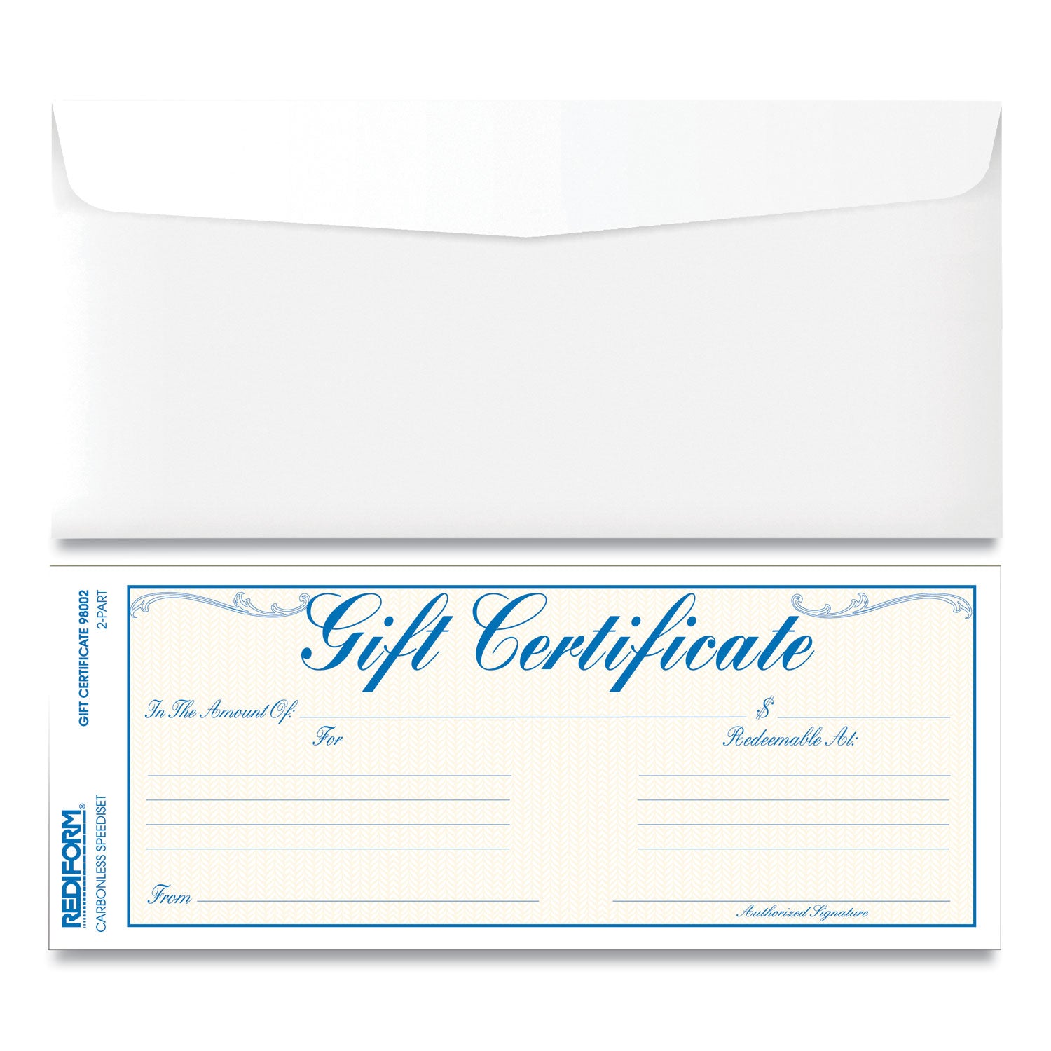 Gift Certificates with Envelopes, 8.5 x 3.67, Blue/Gold with Blue Border, 25/Pack -