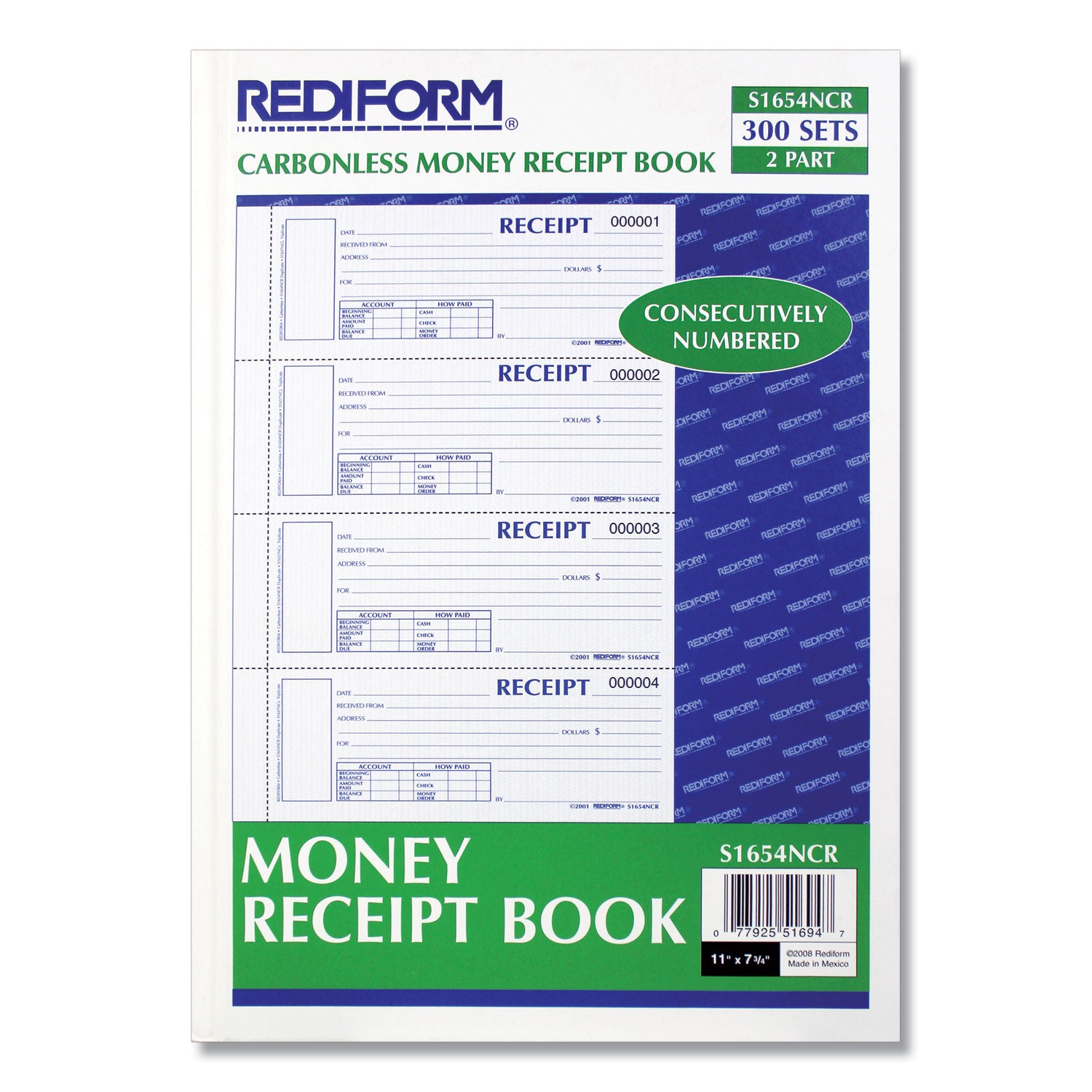 Durable Hardcover Numbered Money Receipt Book, Two-Part Carbonless, 6.88 x 2.75, 4 Forms/Sheet, 300 Forms Total -