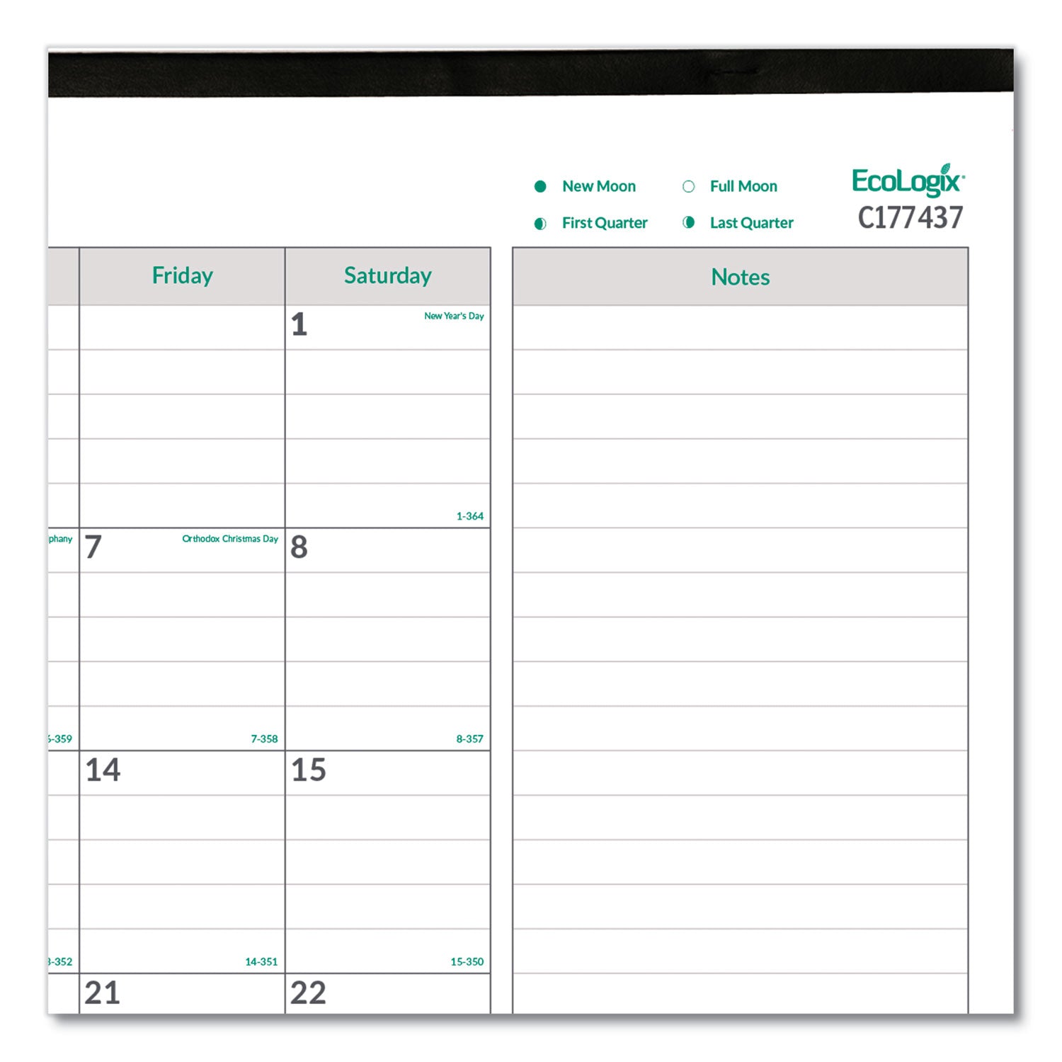 EcoLogix Monthly Desk Pad Calendar, 22 x 17, White/Green Sheets, Black Binding/Corners, 12-Month (Jan to Dec): 2024 -