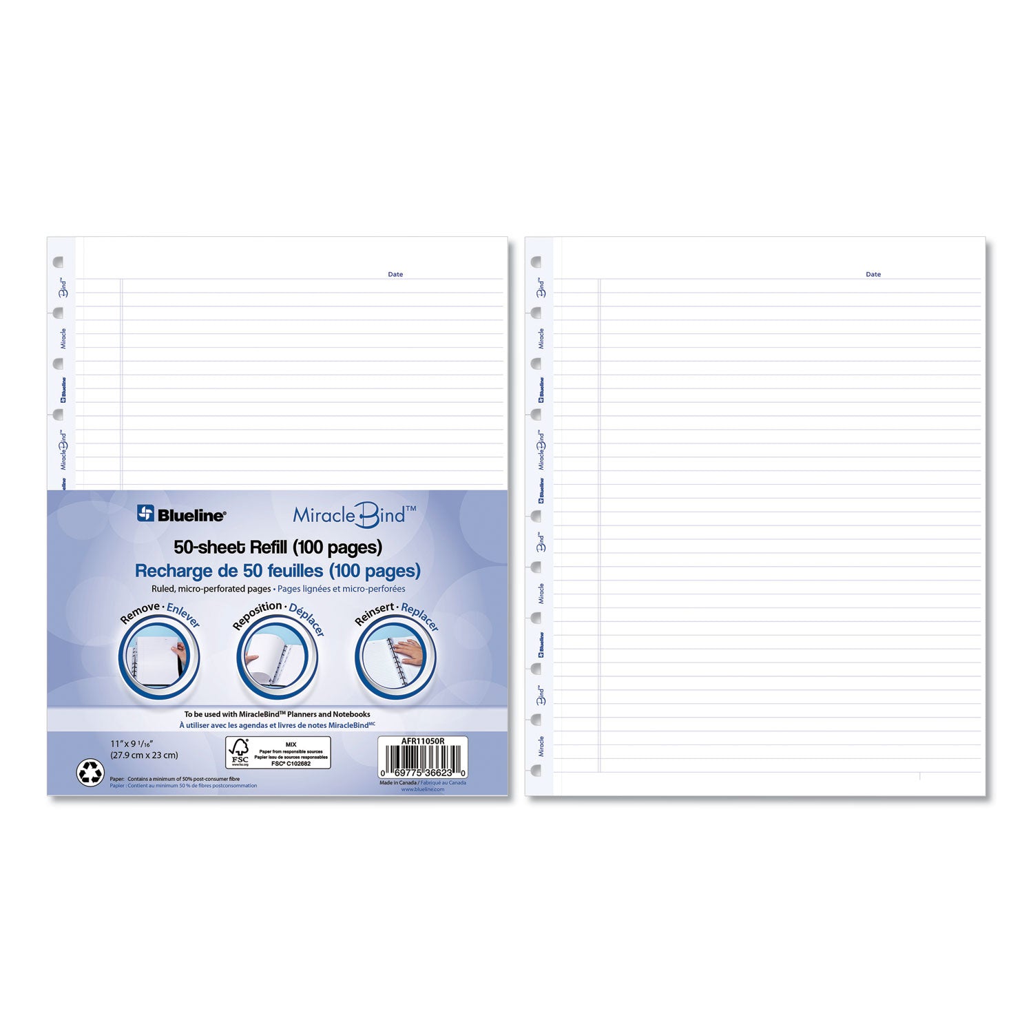 MiracleBind Ruled Paper Refill Sheets for all MiracleBind Notebooks and Planners, 11 x 9.06, White/Blue Sheets, Undated -