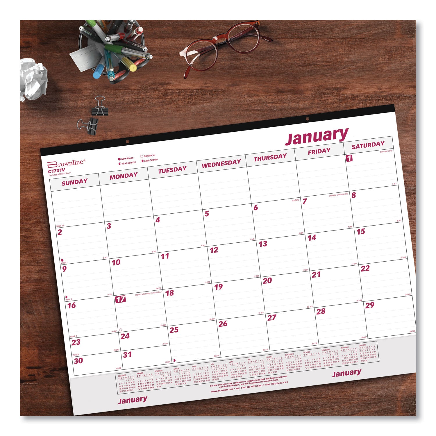 Monthly Desk Pad Calendar, 22 x 17, White/Burgundy Sheets, Black Binding, Clear Corners, 12-Month (Jan to Dec): 2024 -