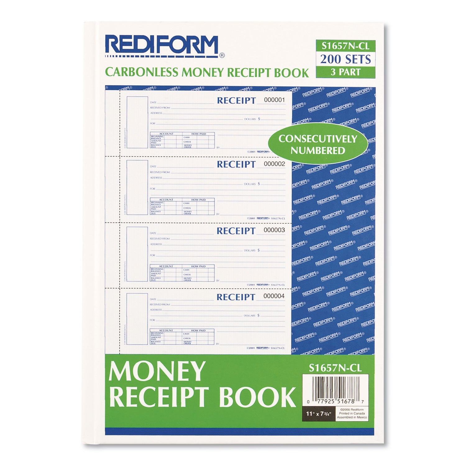Durable Hardcover Numbered Money Receipt Book, Three-Part Carbonless, 6.88 x 2.75, 4 Forms/Sheet, 200 Forms Total -