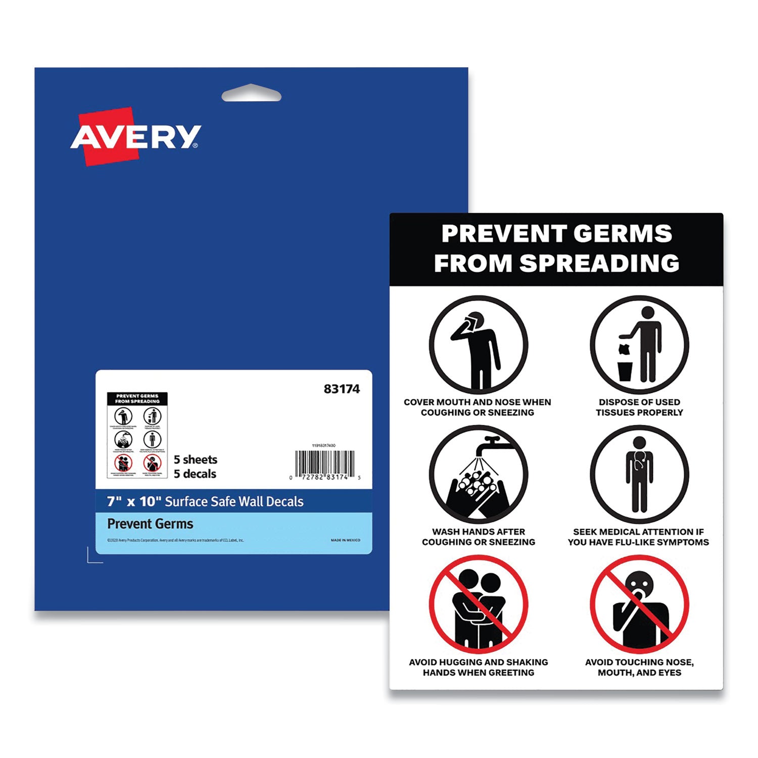 preprinted-surface-safe-wall-decals-7-x-10-prevent-germs-from-spreading-white-black-face-black-graphics-5-pack_ave83174 - 1