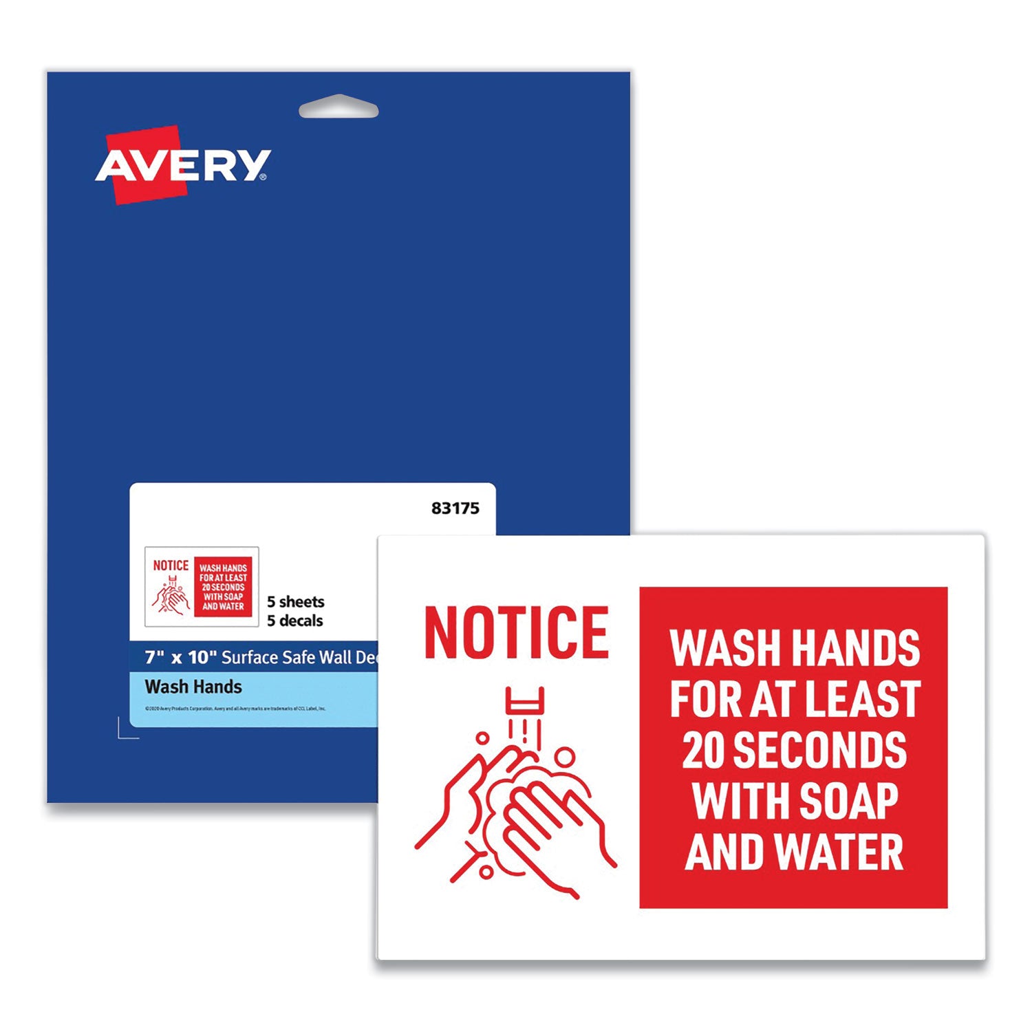 preprinted-surface-safe-wall-decals-10-x-7-wash-hands-for-at-least-20-seconds-white-red-face-red-graphics-5-pack_ave83175 - 1