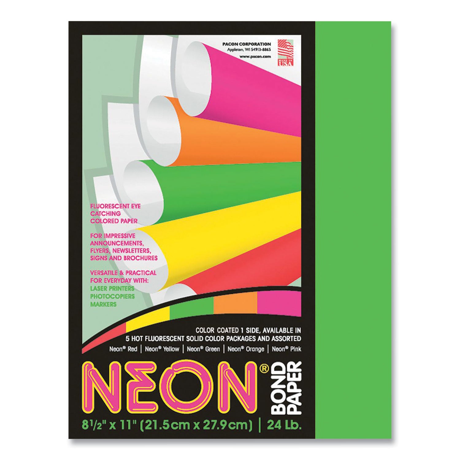Neon Multi-Purpose Paper, 24 lb Bond Weight, 8.5 x 11, Green, 100/Pack -