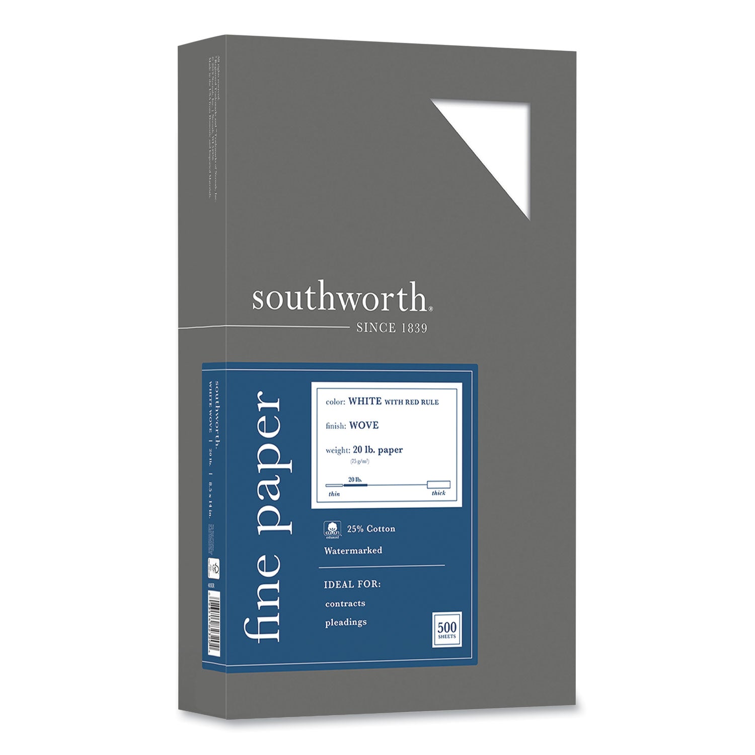 25% Cotton Business Paper, Ruled, 95 Bright, 20 lb Bond Weight, 8.5 x 14, White, 500 Sheets/Ream -