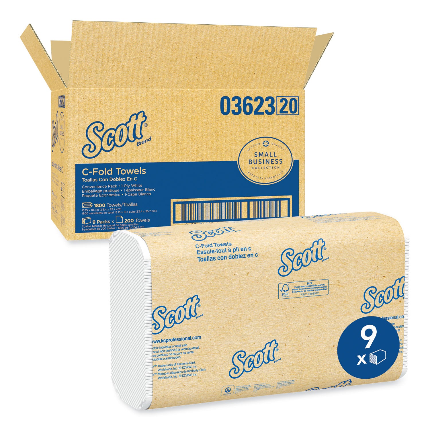 Essential C-Fold Towels for Business, Convenience Pack, 1-Ply, 10.13 x 13.15, White, 200/Pack, 9 Packs/Carton -