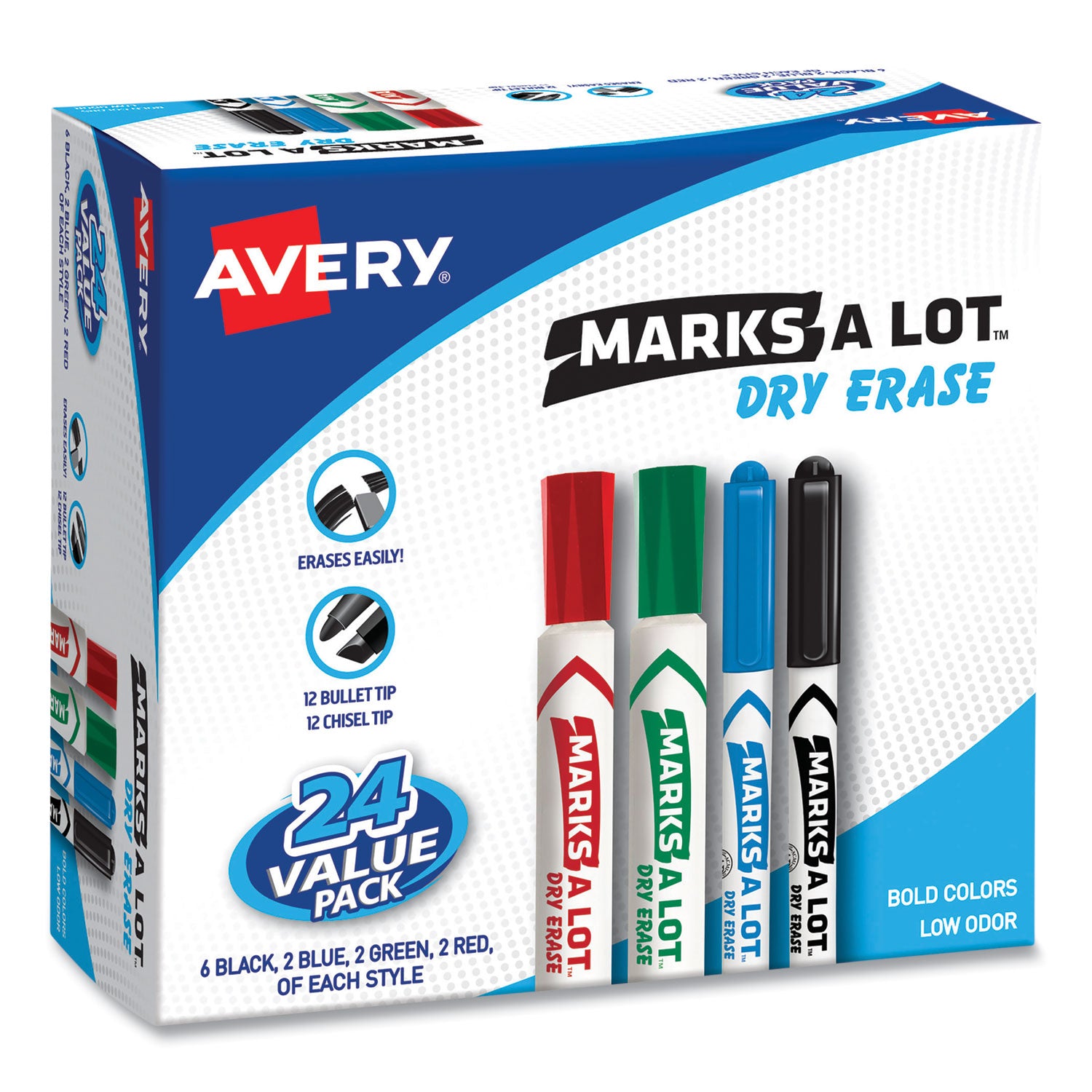 MARKS A LOT Desk/Pen-Style Dry Erase Marker Value Pack, Assorted Broad Bullet/Chisel Tips, Assorted Colors, 24/Pack (29870) -