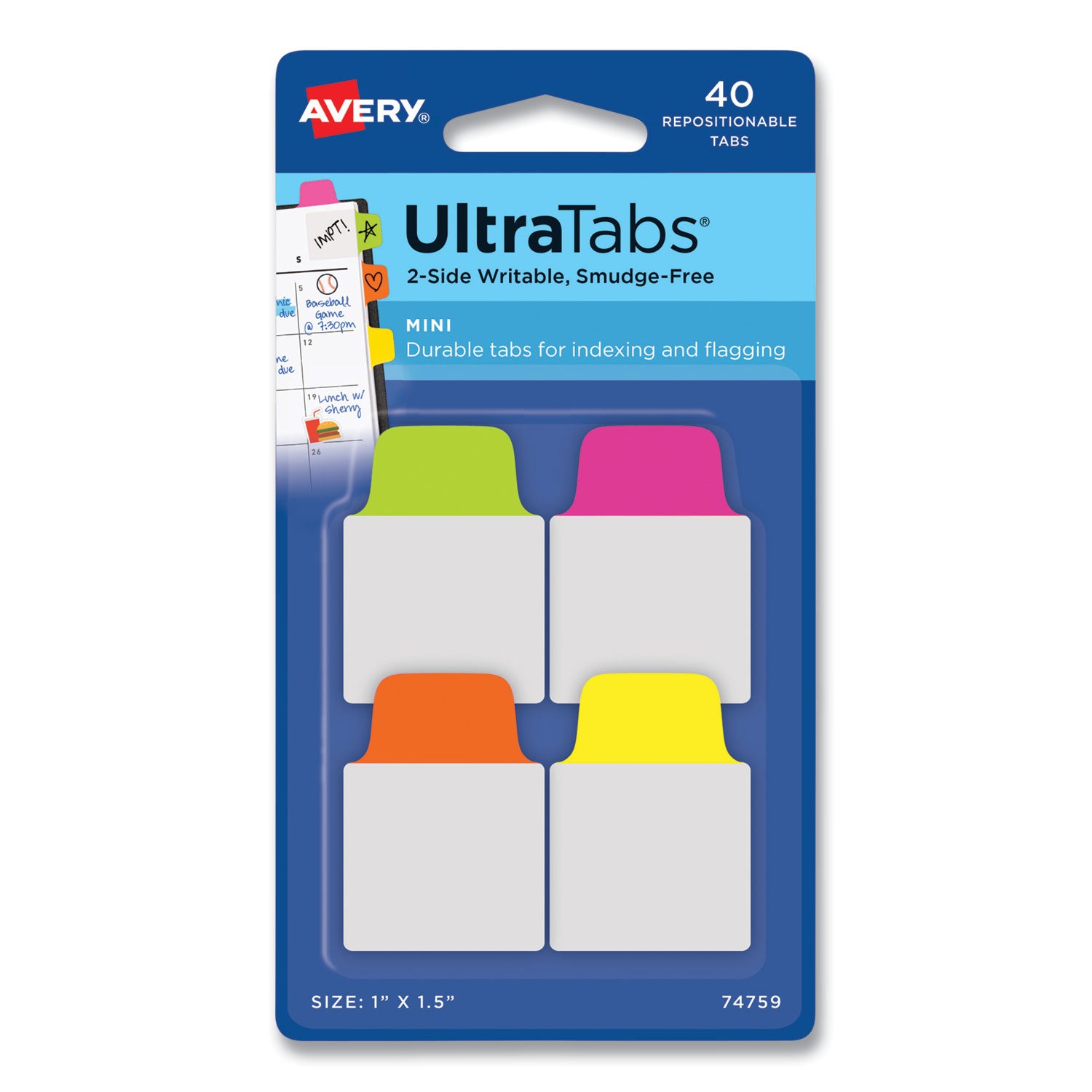 ultra-tabs-repositionable-tabs-mini-tabs-1-x-15-1-5-cut-assorted-neon-colors-40-pack_ave74759 - 1