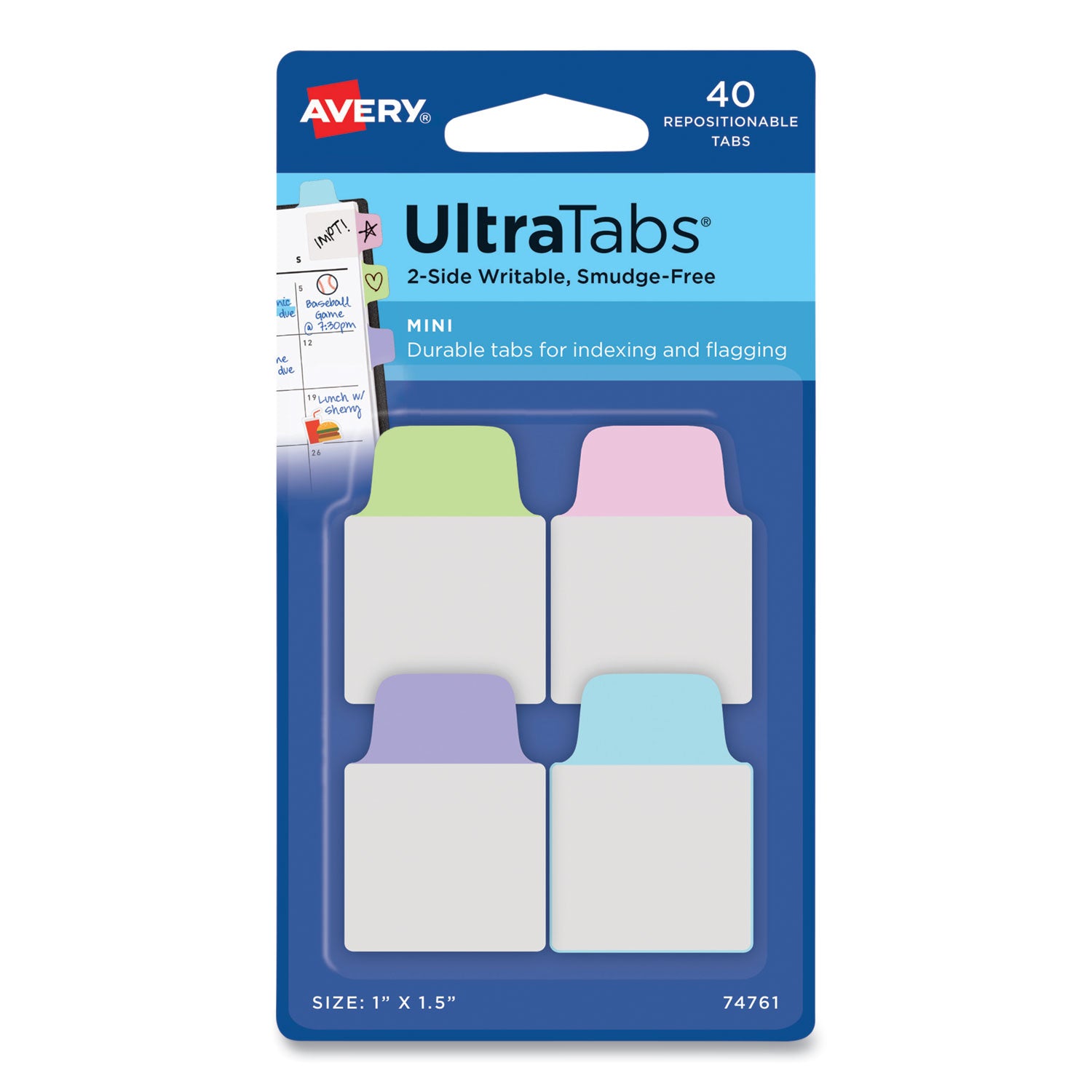 Ultra Tabs Repositionable Tabs, Mini Tabs: 1" x 1.5", 1/5-Cut, Assorted Pastel Colors, 40/Pack -
