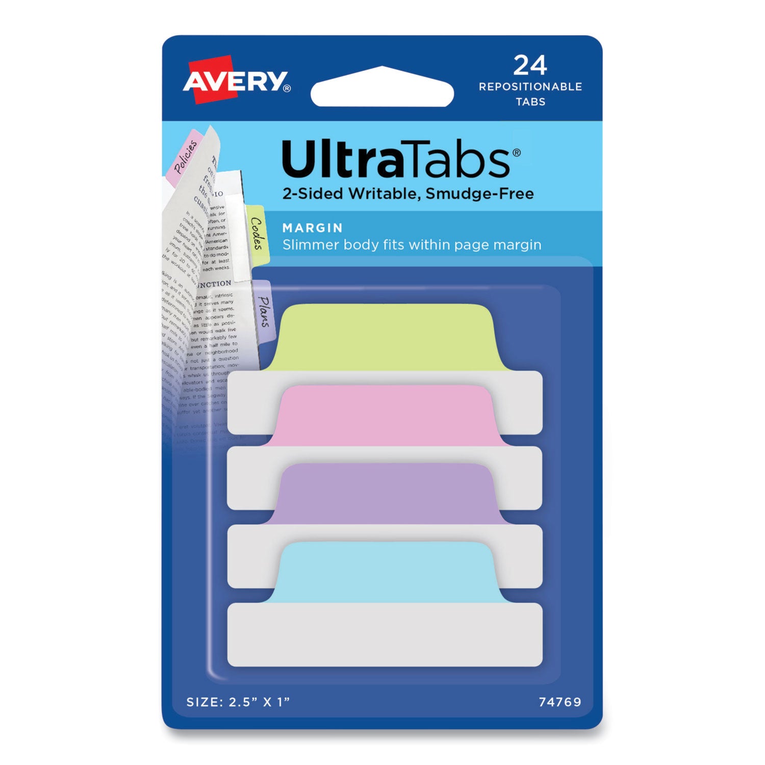 Ultra Tabs Repositionable Tabs, Margin Tabs: 2.5" x 1", 1/5-Cut, Assorted Pastel Colors, 24/Pack -
