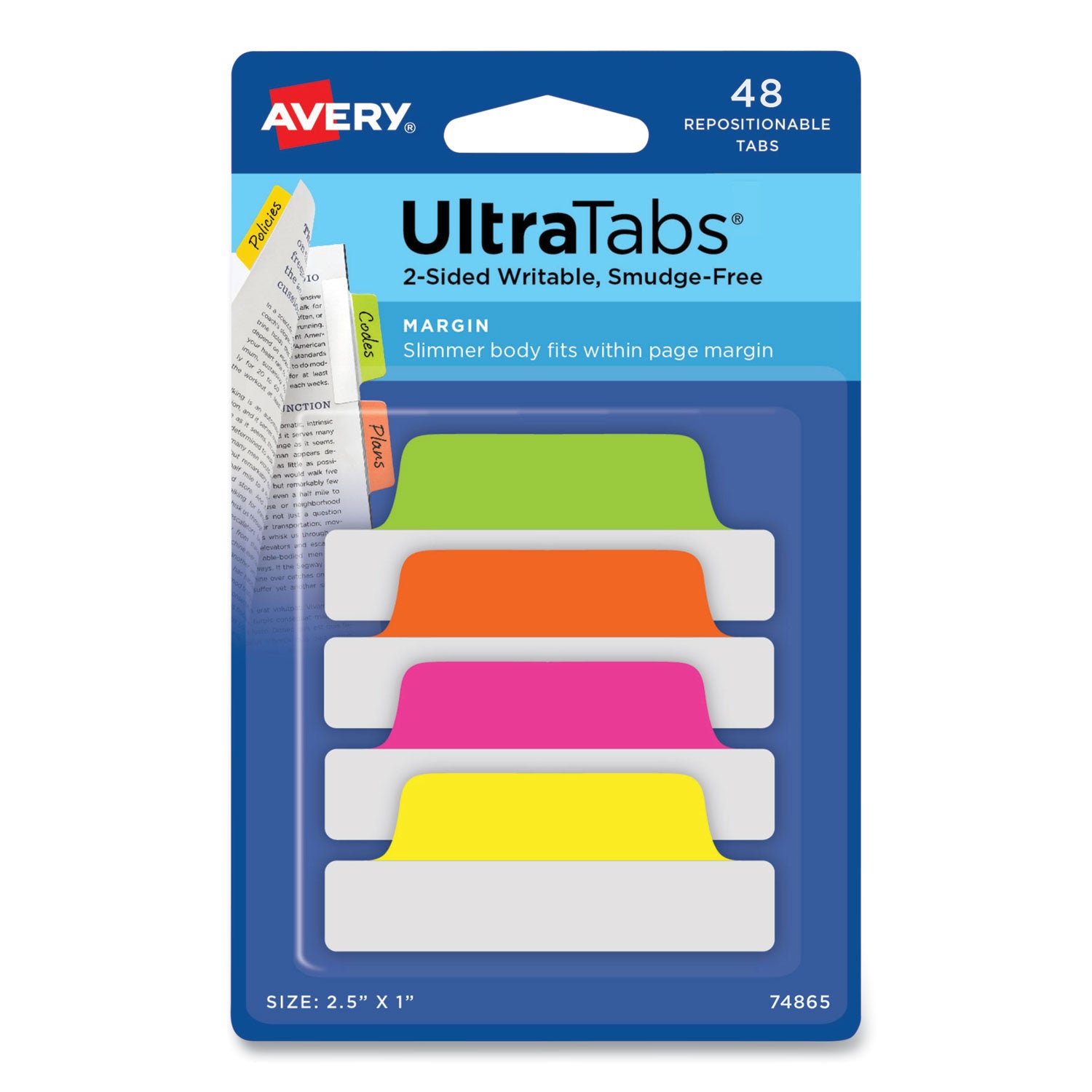 ultra-tabs-repositionable-tabs-margin-tabs-25-x-1-1-5-cut-assorted-neon-colors-48-pack_ave74865 - 1