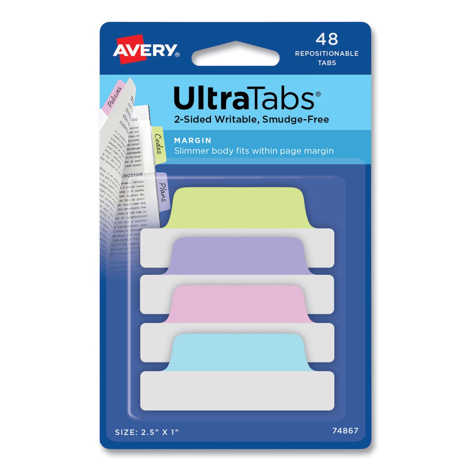 ultra-tabs-repositionable-tabs-margin-tabs-25-x-1-1-5-cut-assorted-pastel-colors-48-pack_ave74867 - 1