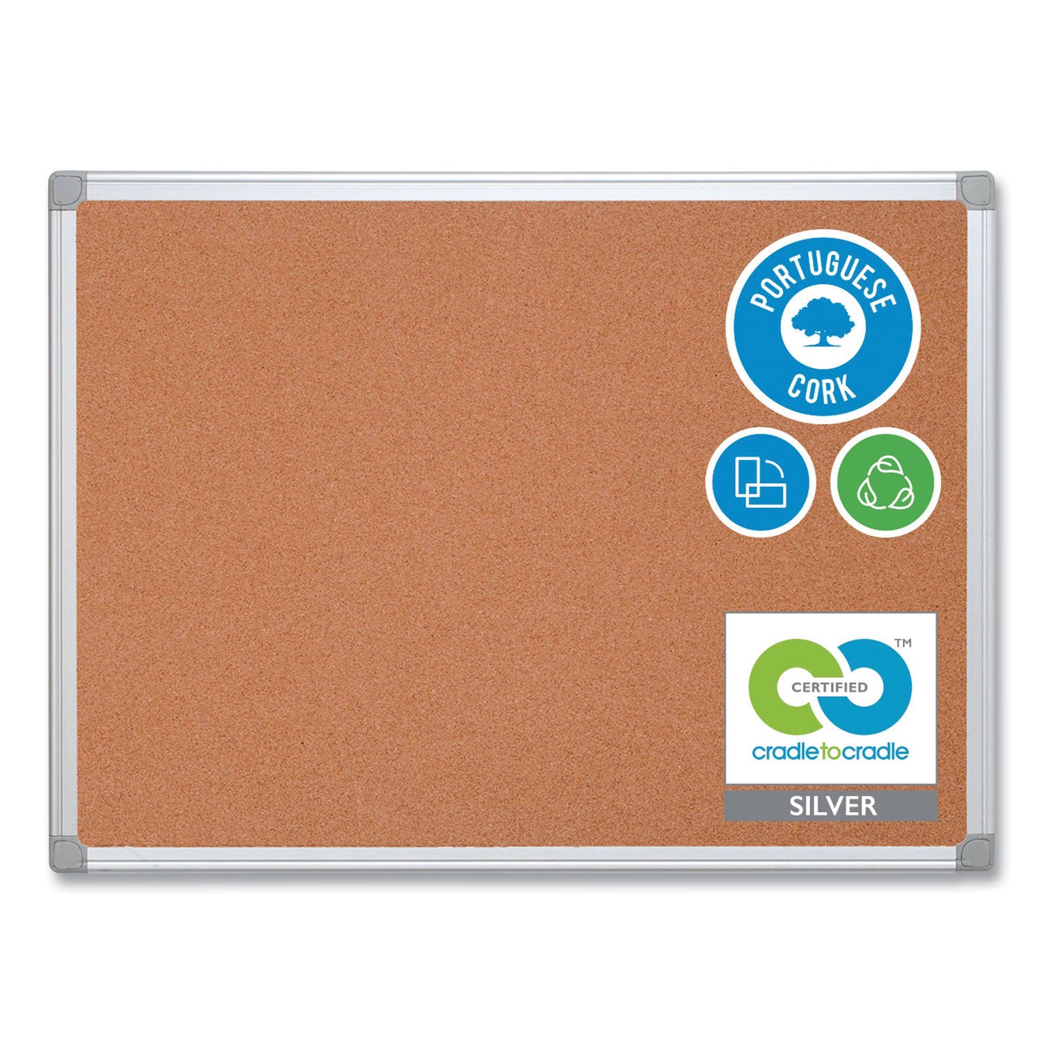 Earth Cork Board, 36 x 24, Tan Surface, Silver Aluminum Frame -