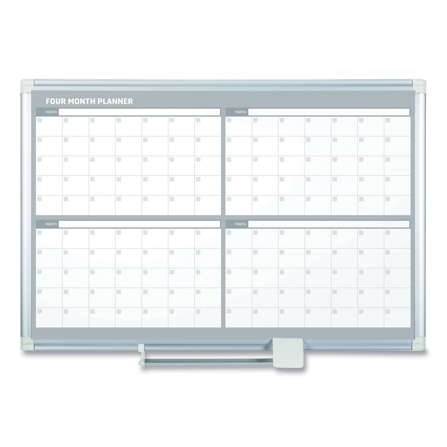 Magnetic Dry Erase Calendar Board, Four Month, 48 x 36, White Surface, Silver Aluminum Frame -