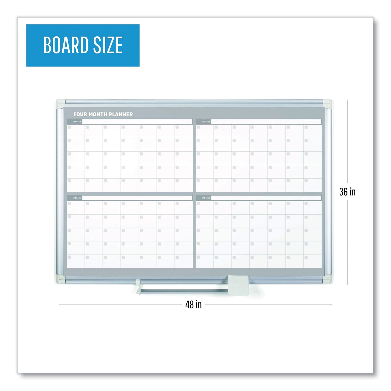 Magnetic Dry Erase Calendar Board, Four Month, 48 x 36, White Surface, Silver Aluminum Frame -