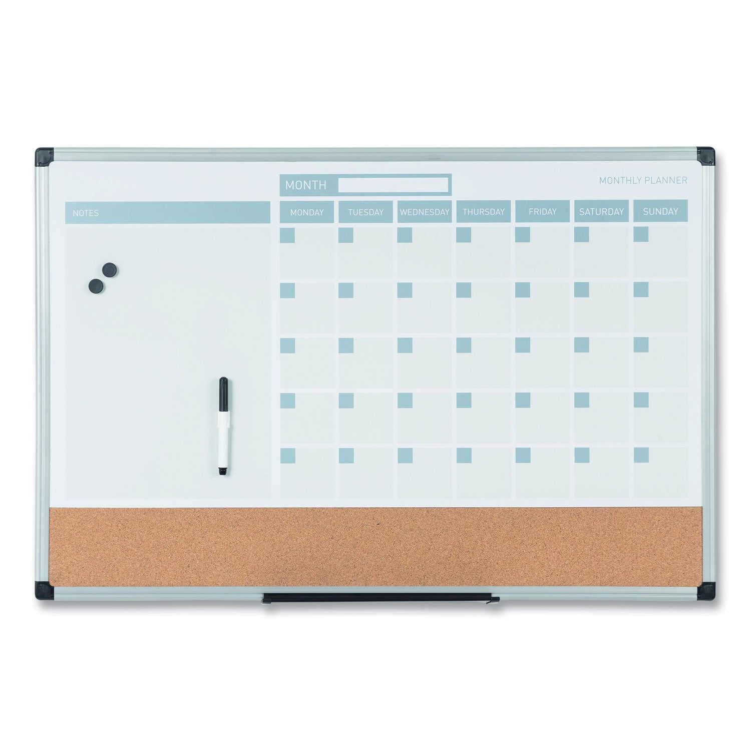 3-in-1 Calendar Planner, 36 x 24, White Surface, Silver Aluminum Frame -