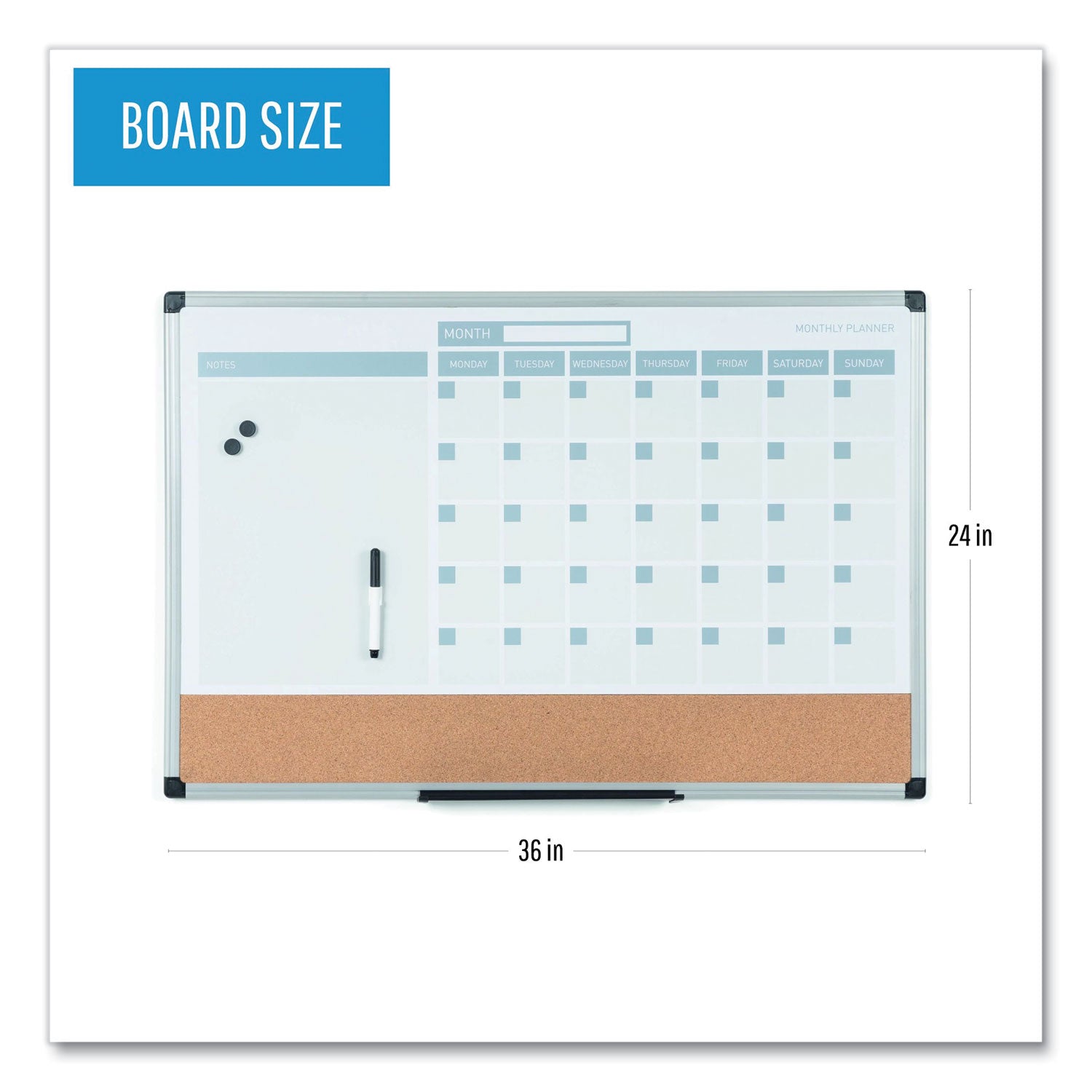 3-in-1 Calendar Planner, 36 x 24, White Surface, Silver Aluminum Frame -