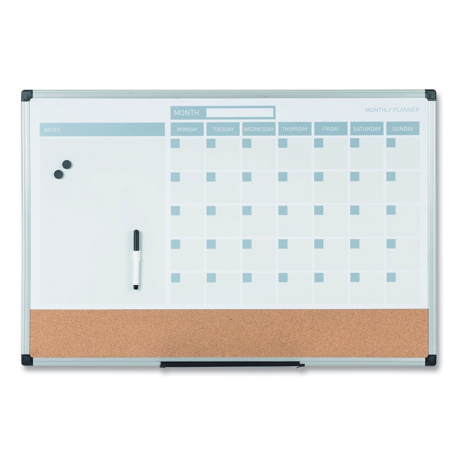 3-in-1 Planner Board, 24 x 18, Tan/White/Blue Surface, Silver Aluminum Frame -