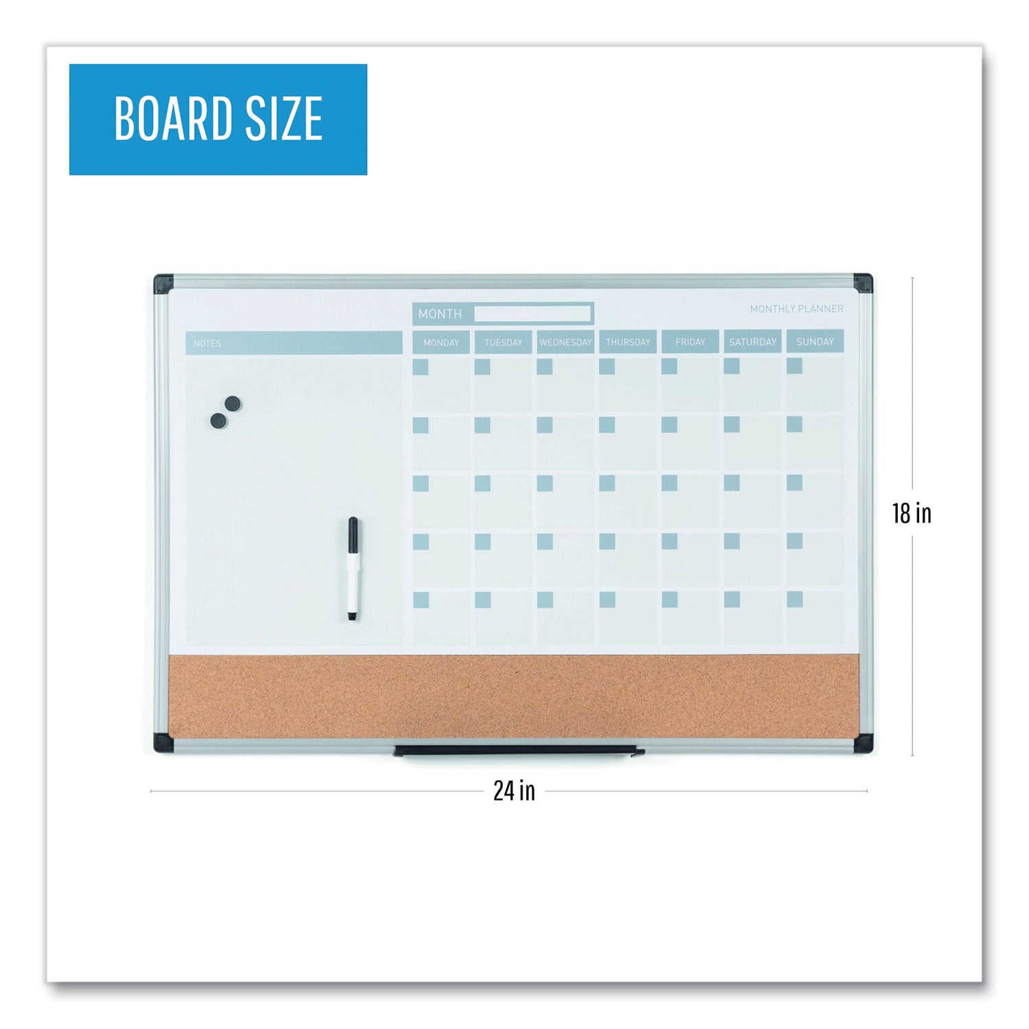 3-in-1 Planner Board, 24 x 18, Tan/White/Blue Surface, Silver Aluminum Frame -