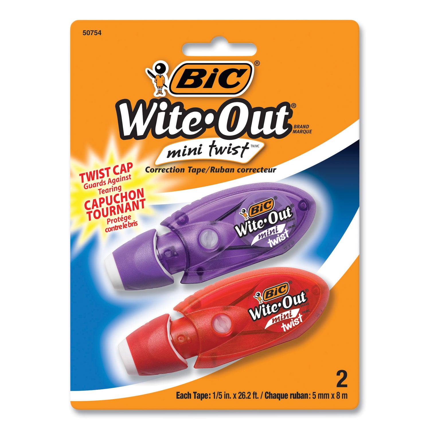 Wite-Out Mini Twist Correction Tape, Non-Refillable, Blue/Fuchsia Applicators 0.2" x 314", 2/Pack -