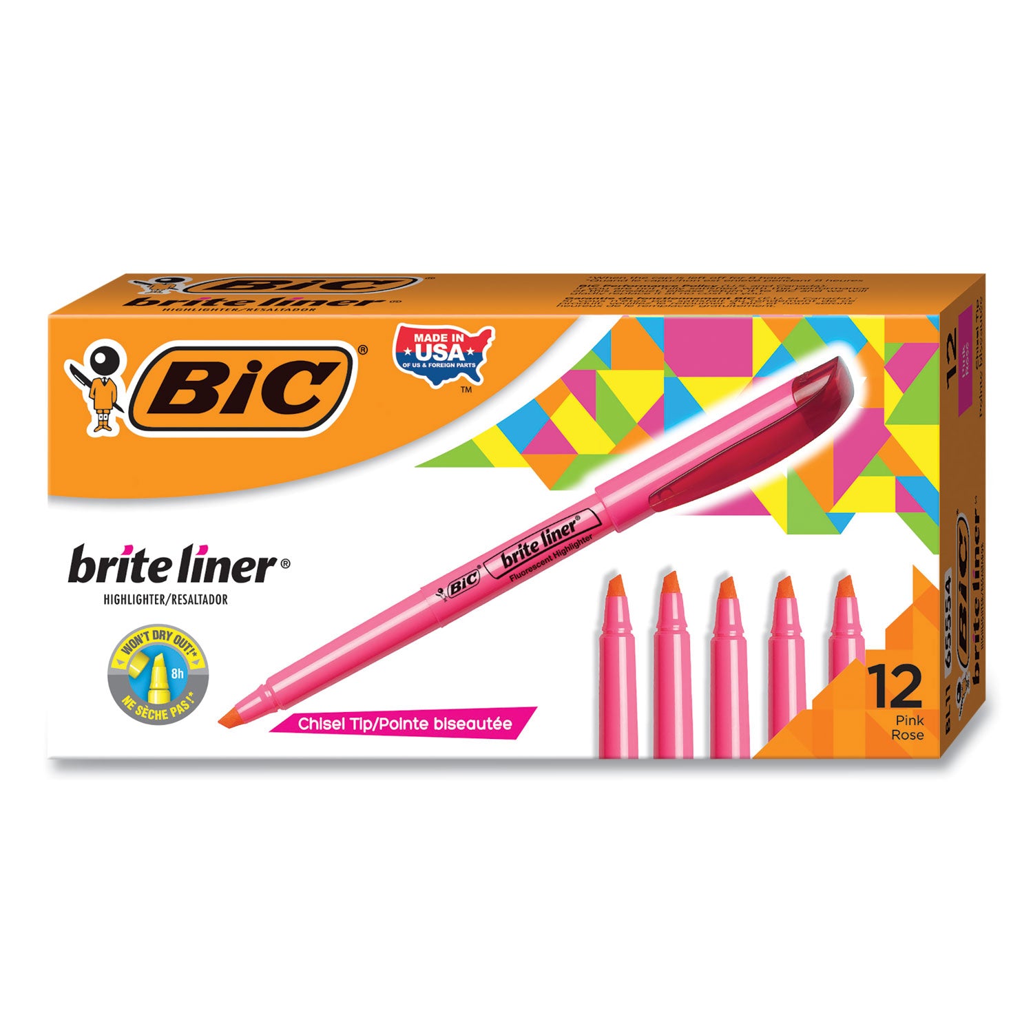 Brite Liner Highlighter, Fluorescent Pink Ink, Chisel Tip, Pink/Black Barrel, Dozen -