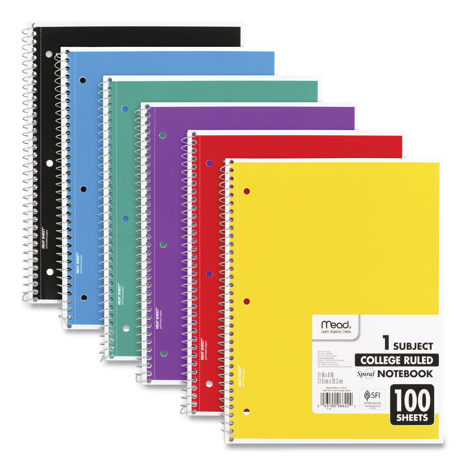 Spiral Notebook, 3-Hole Punched, 1-Subject, Medium/College Rule, Randomly Assorted Cover Color, (100) 11 x 8 Sheets -