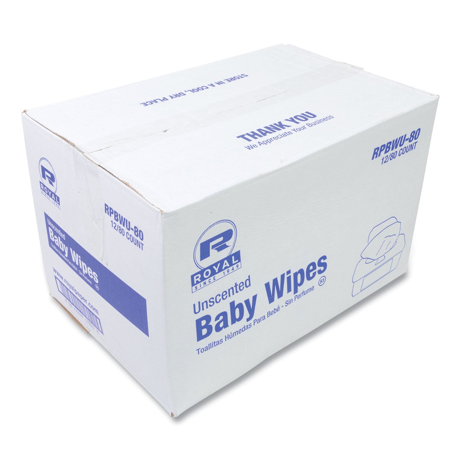 Baby Wipes Tub, Unscented, White, 80/Tub, 12 Tubs/Carton - 1