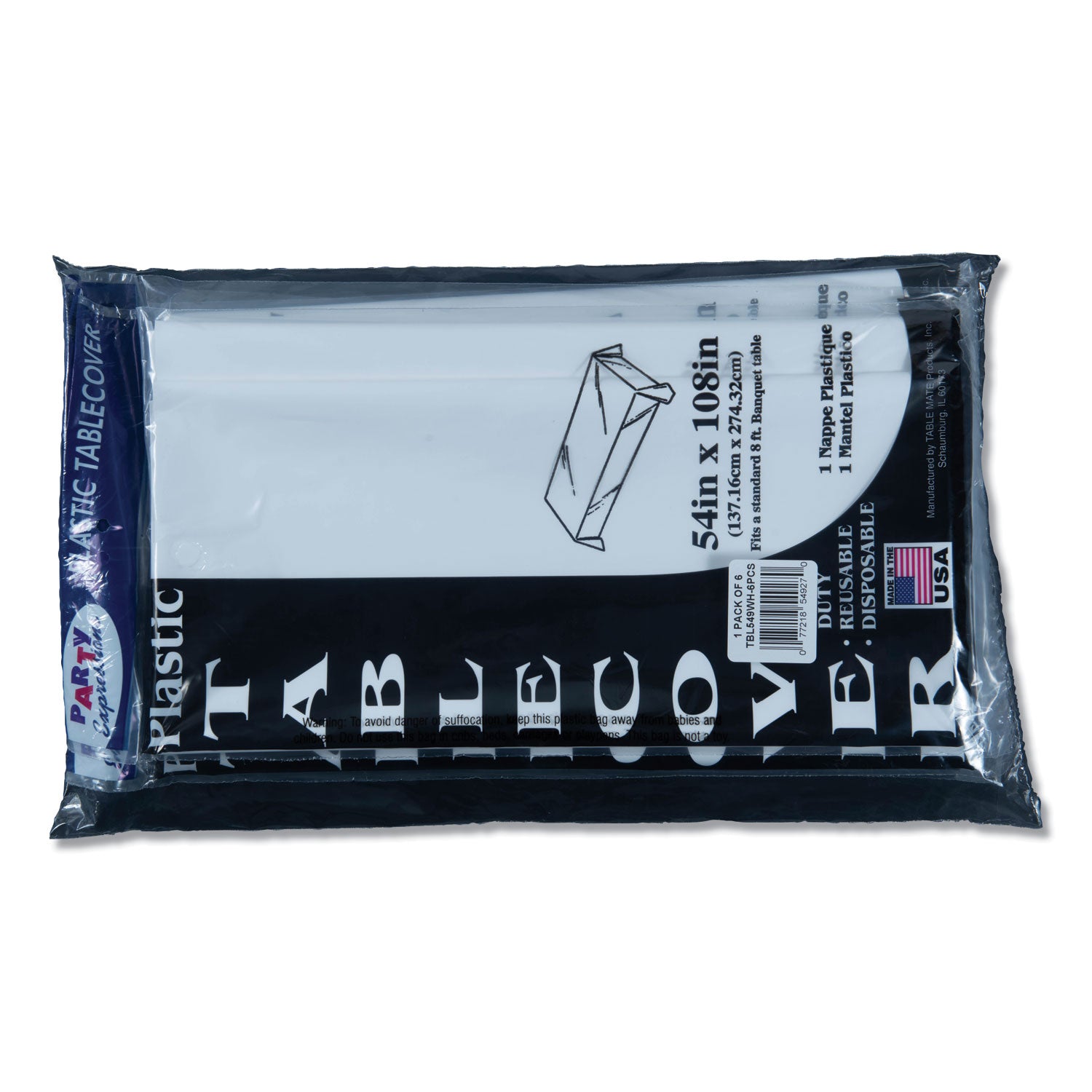 Table Set Rectangular Table Cover, Heavyweight Plastic, 54" x 108", White, 6/Pack -