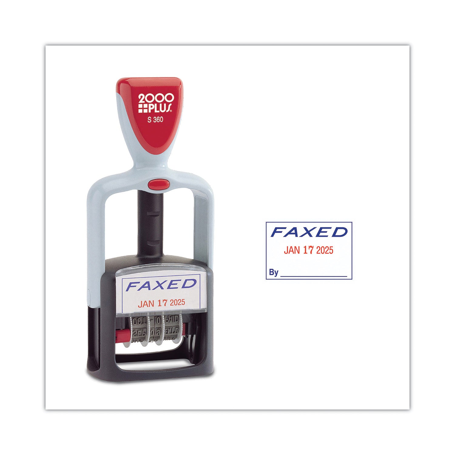 Model S 360 Two-Color Message Dater, 1.75 x 1, "Faxed," Self-Inking, Blue/Red -