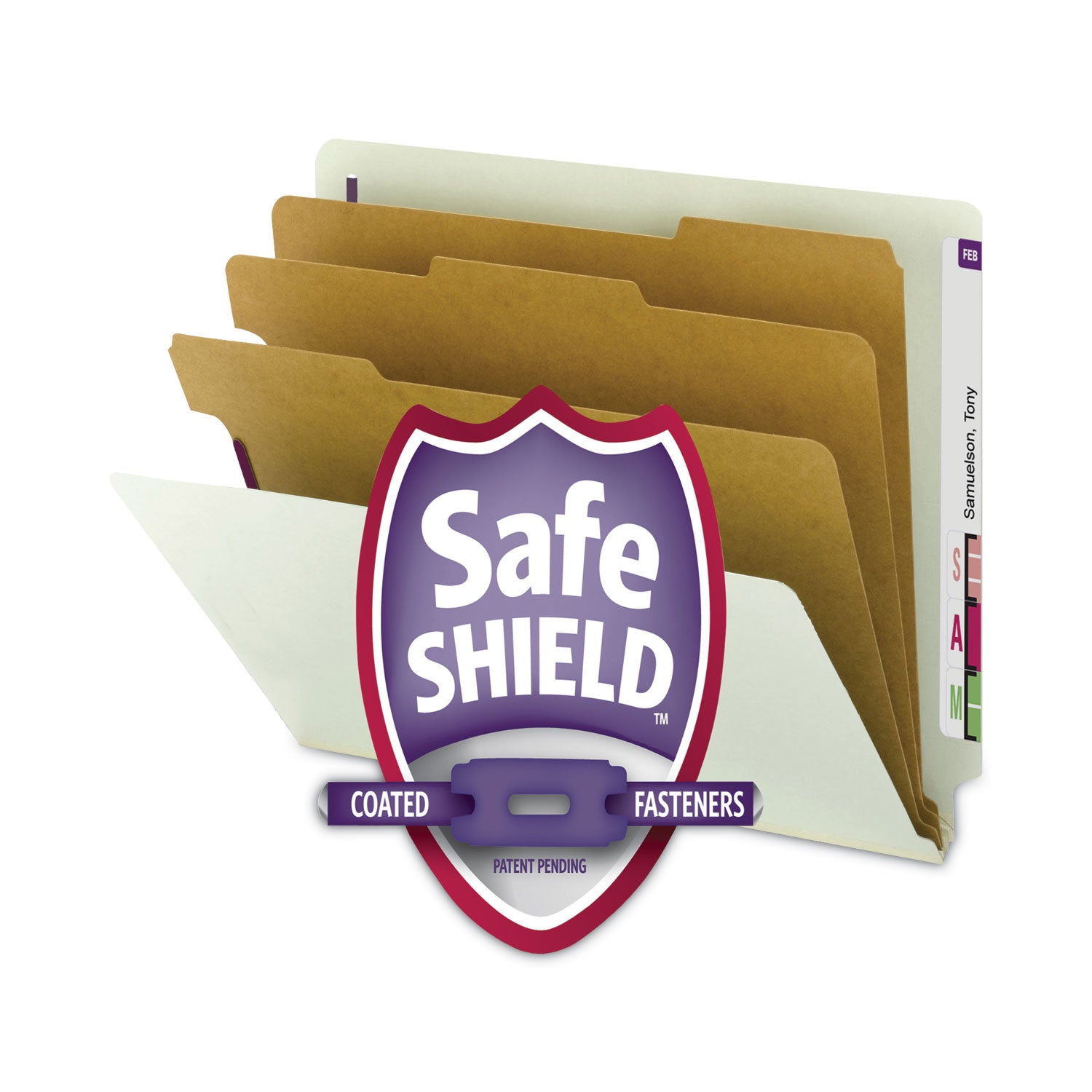 End Tab Pressboard Classification Folders, Eight SafeSHIELD Fasteners, 3" Expansion, 3 Dividers, Legal Size, Gray-Green,10/BX -