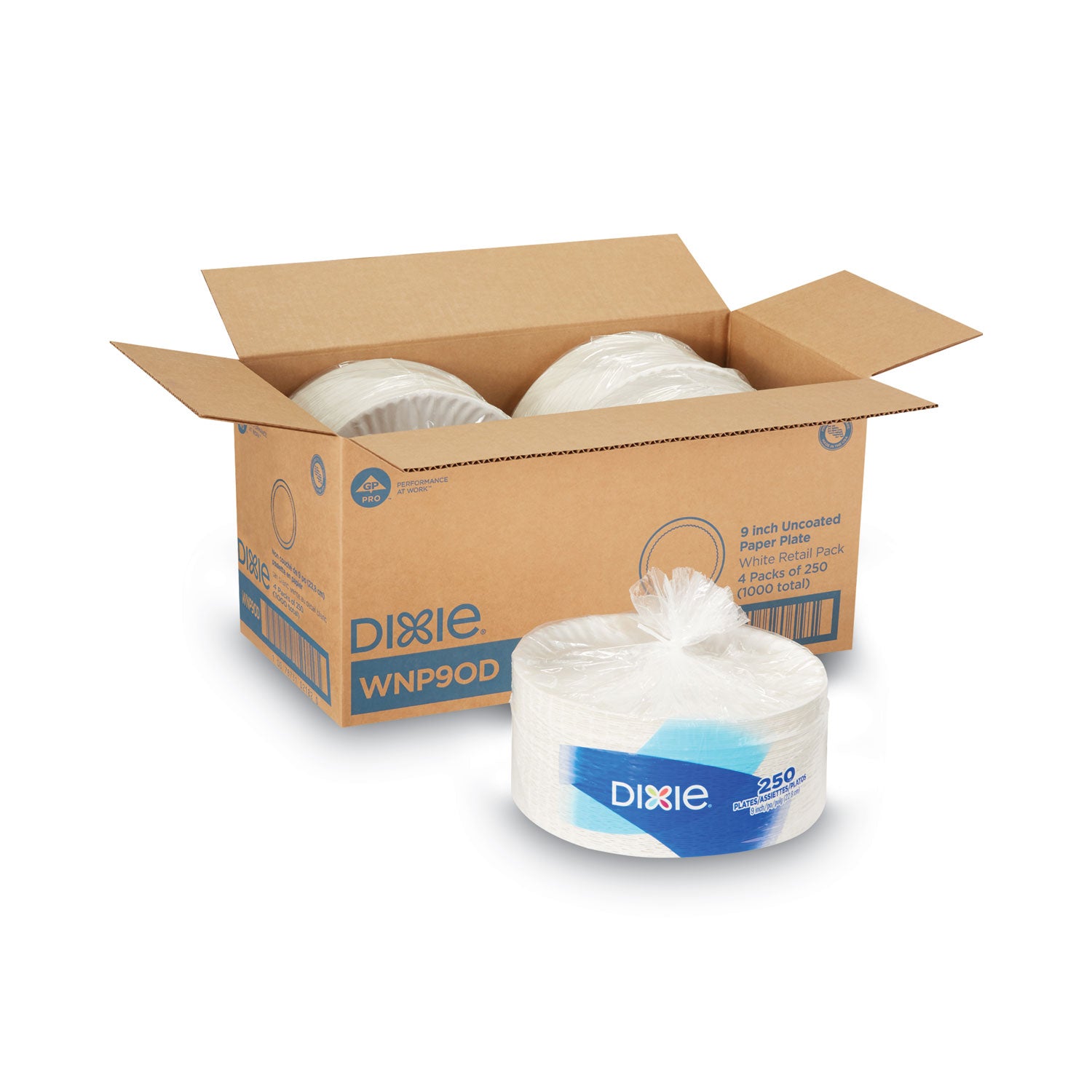 White Paper Plates, 9" dia, 250/Pack, 4 Packs/Carton -