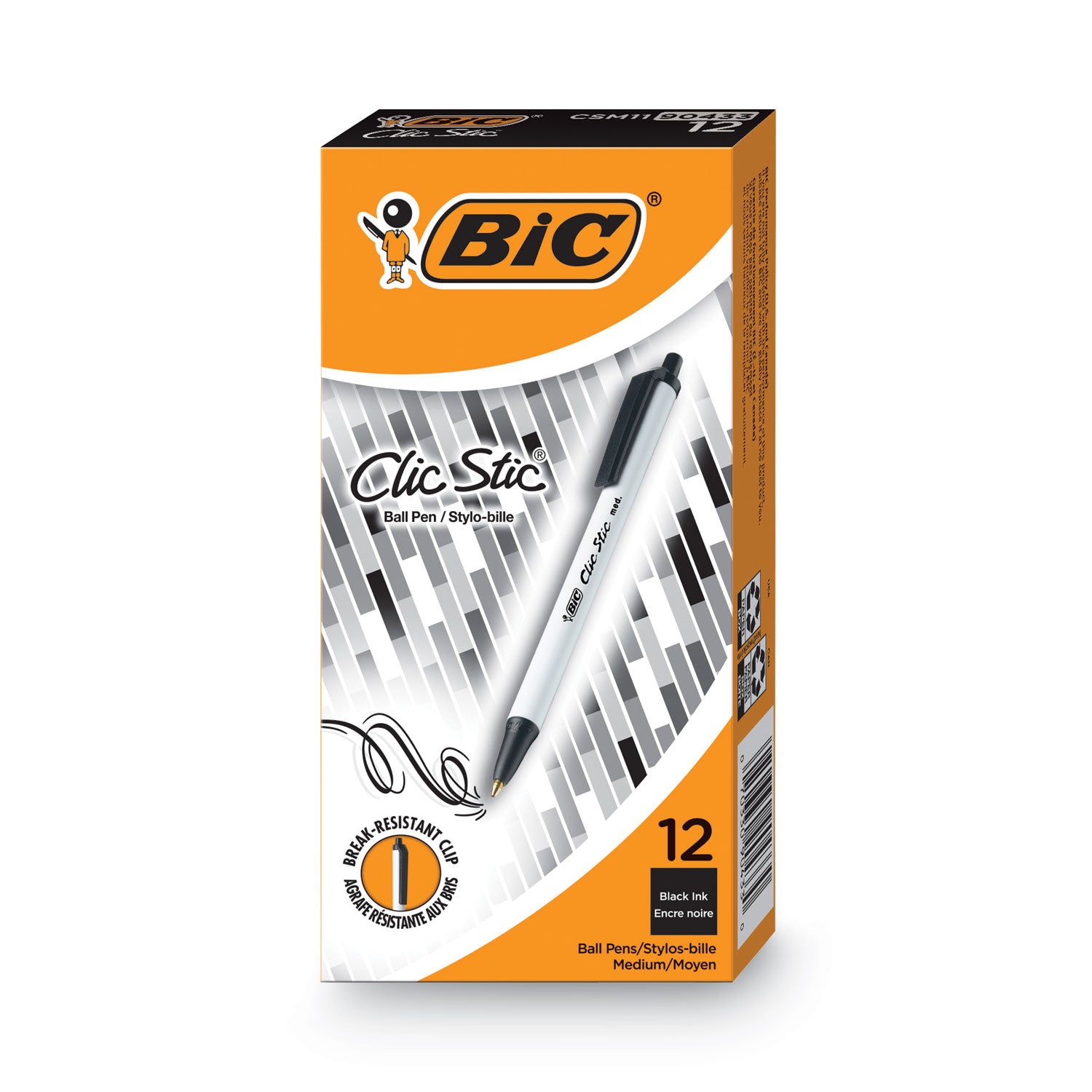 Clic Stic Ballpoint Pen, Retractable, Medium 1 mm, Black Ink, White Barrel, Dozen -