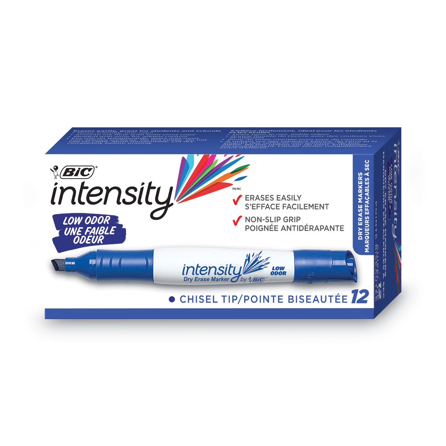 Intensity Low Odor Chisel Tip Dry Erase Marker, Broad Chisel Tip, Blue, Dozen -