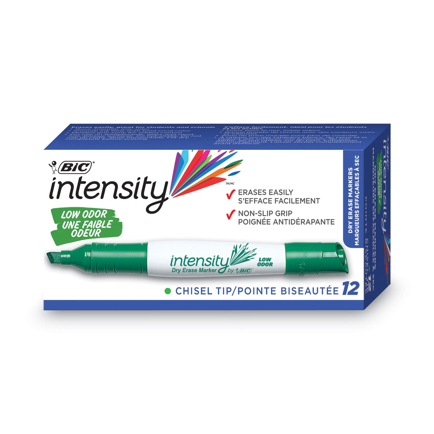 Intensity Low Odor Chisel Tip Dry Erase Marker, Broad Chisel Tip, Green, Dozen -