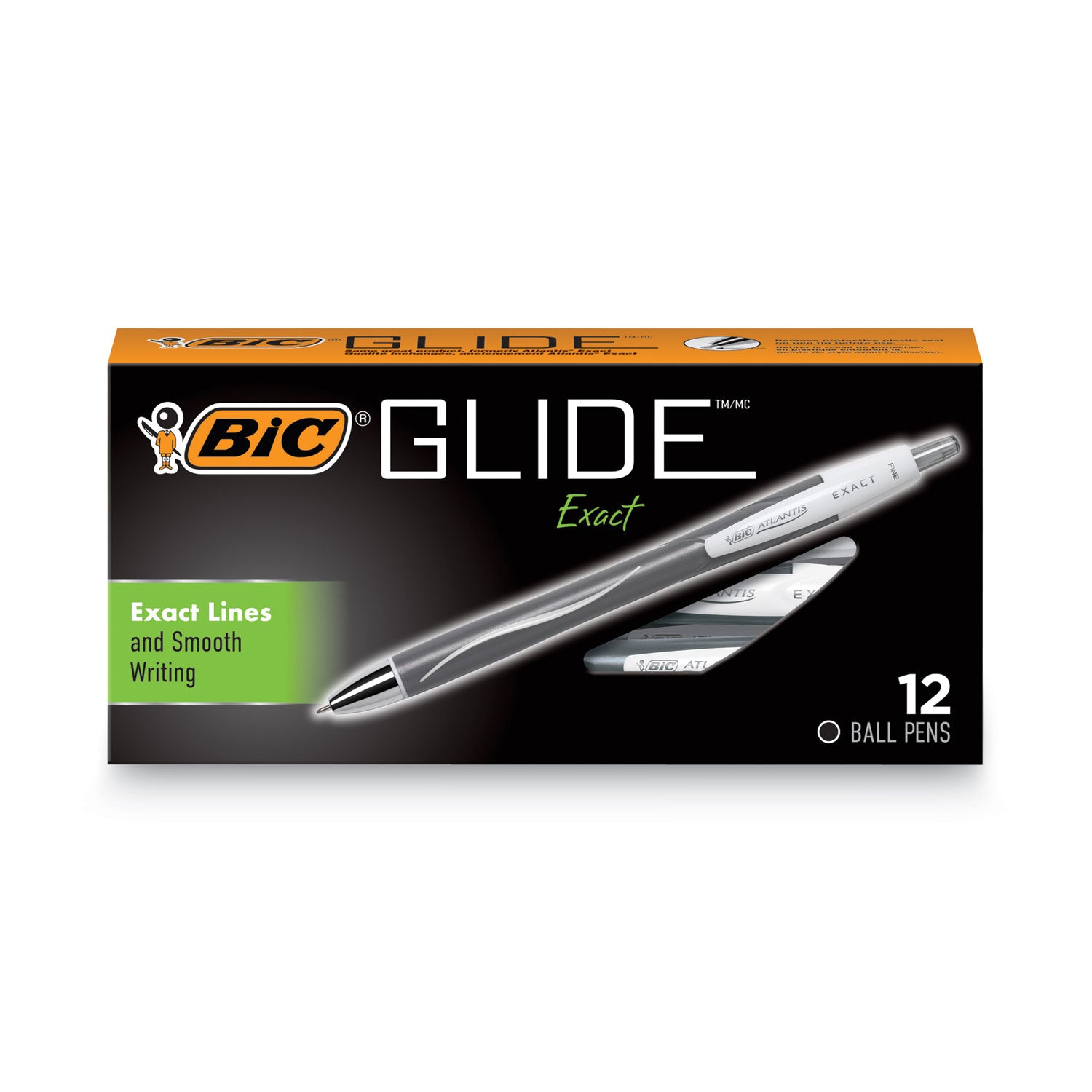 GLIDE Exact Ballpoint Pen, Retractable, Fine 0.7 mm, Black Ink, Black Barrel, Dozen -
