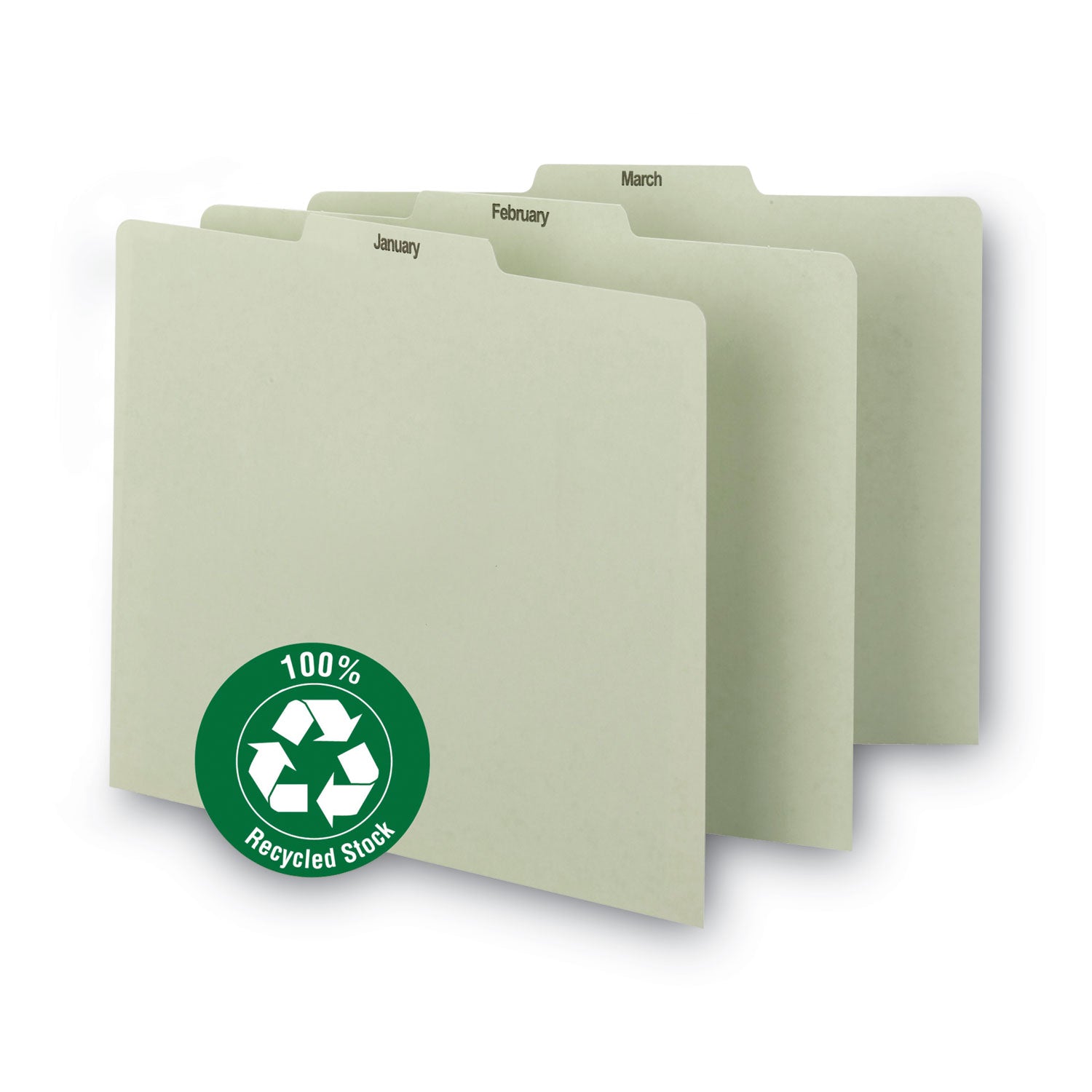 100% Recycled Monthly Top Tab File Guide Set, 1/3-Cut Top Tab, January to December, 8.5 x 11, Green, 12/Set -