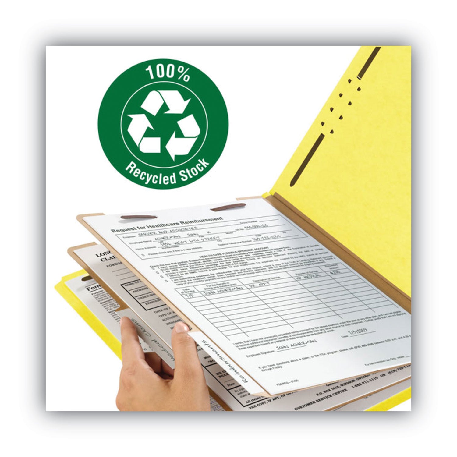 Recycled Pressboard Classification Folders, 2" Expansion, 2 Dividers, 6 Fasteners, Letter Size, Yellow Exterior, 10/Box -