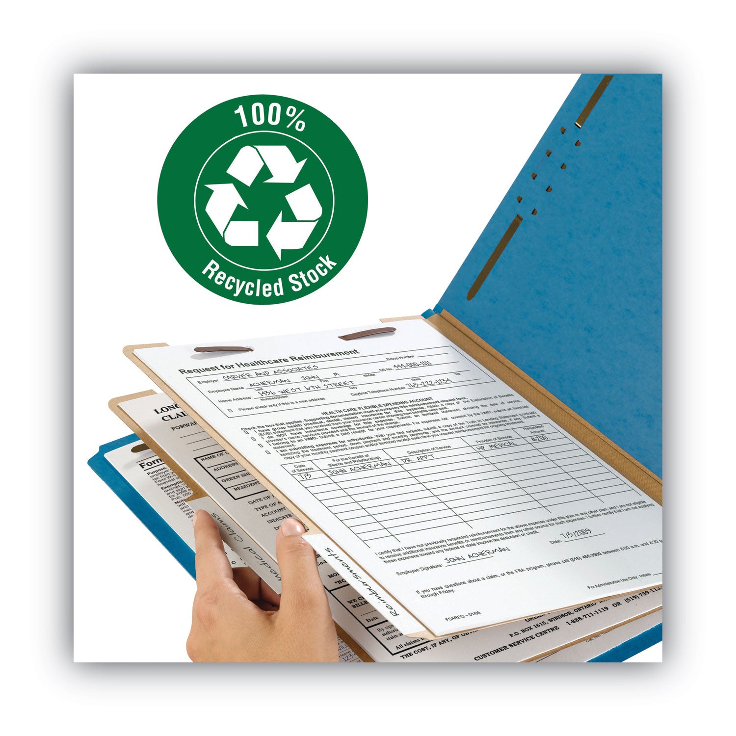 Recycled Pressboard Classification Folders, 2" Expansion, 2 Dividers, 6 Fasteners, Letter Size, Dark Blue, 10/Box -