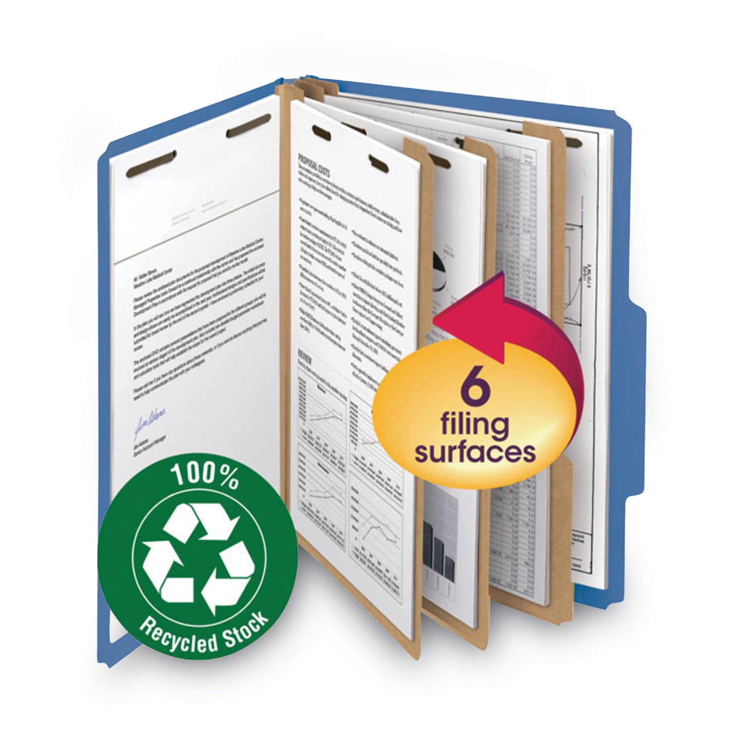 Recycled Pressboard Classification Folders, 2" Expansion, 2 Dividers, 6 Fasteners, Letter Size, Dark Blue, 10/Box -