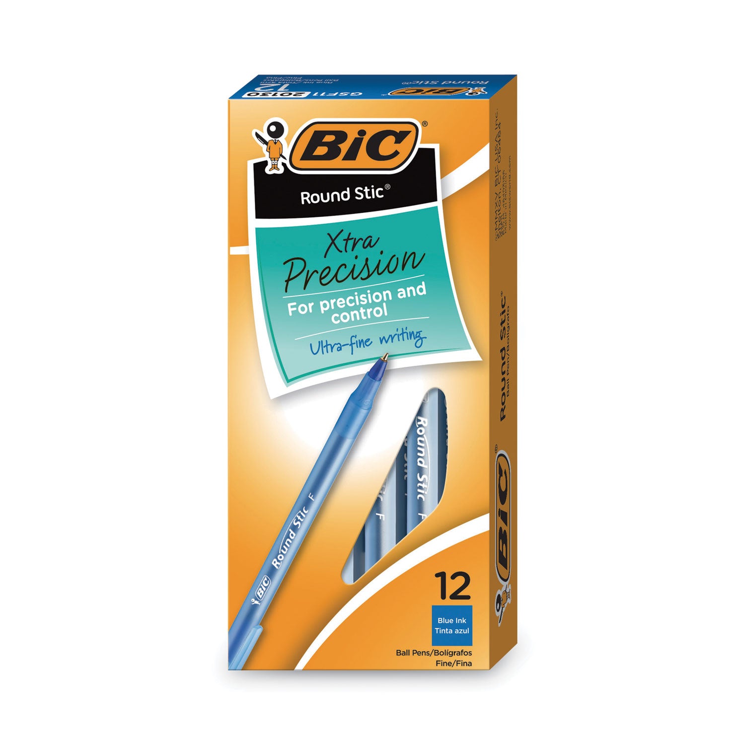 Round Stic Xtra Precision Ballpoint Pen, Stick, Fine 0.8 mm, Blue Ink, Translucent Blue Barrel, Dozen -