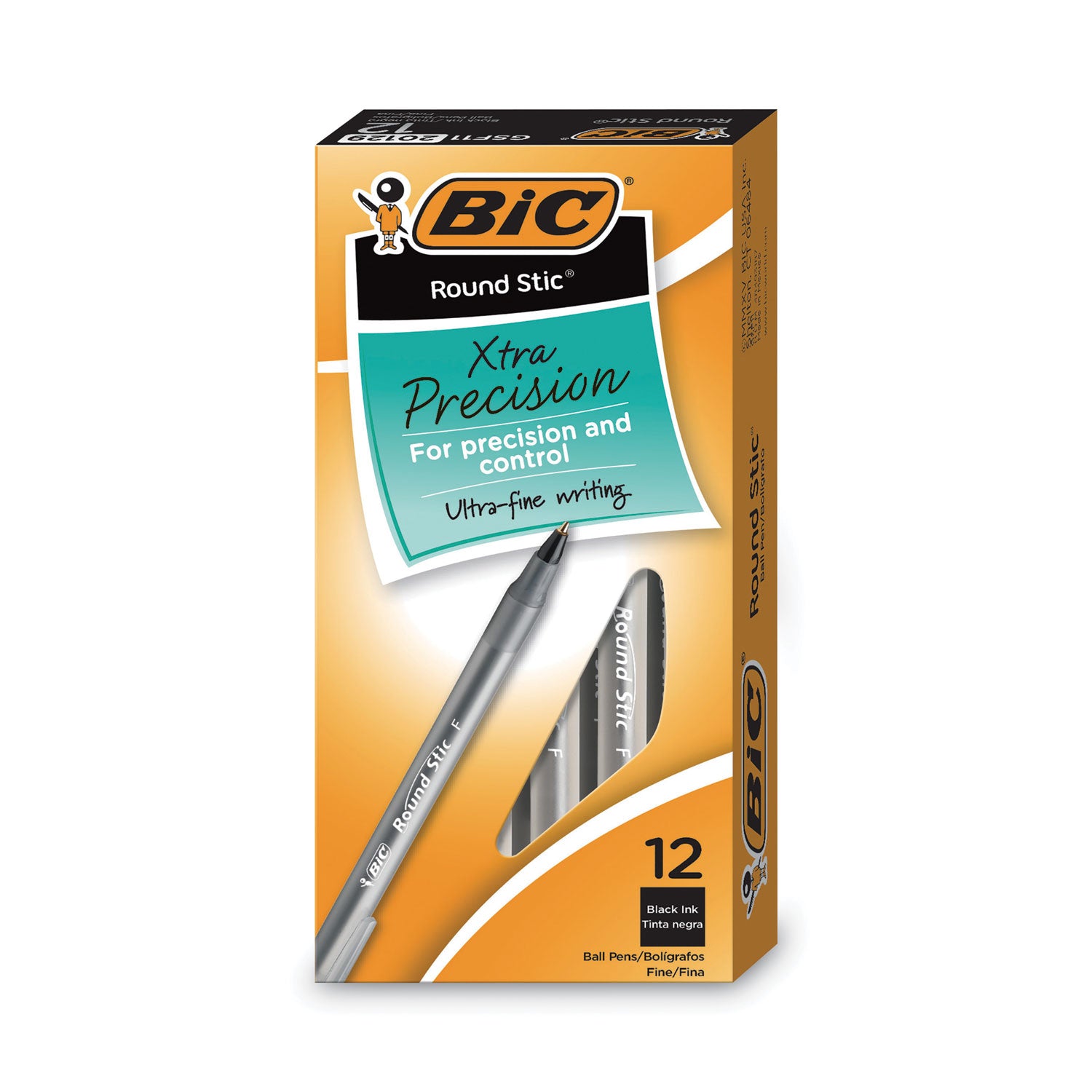 Round Stic Xtra Precision Ballpoint Pen, Stick, Fine 0.8 mm, Black Ink, Smoke Barrel, Dozen -